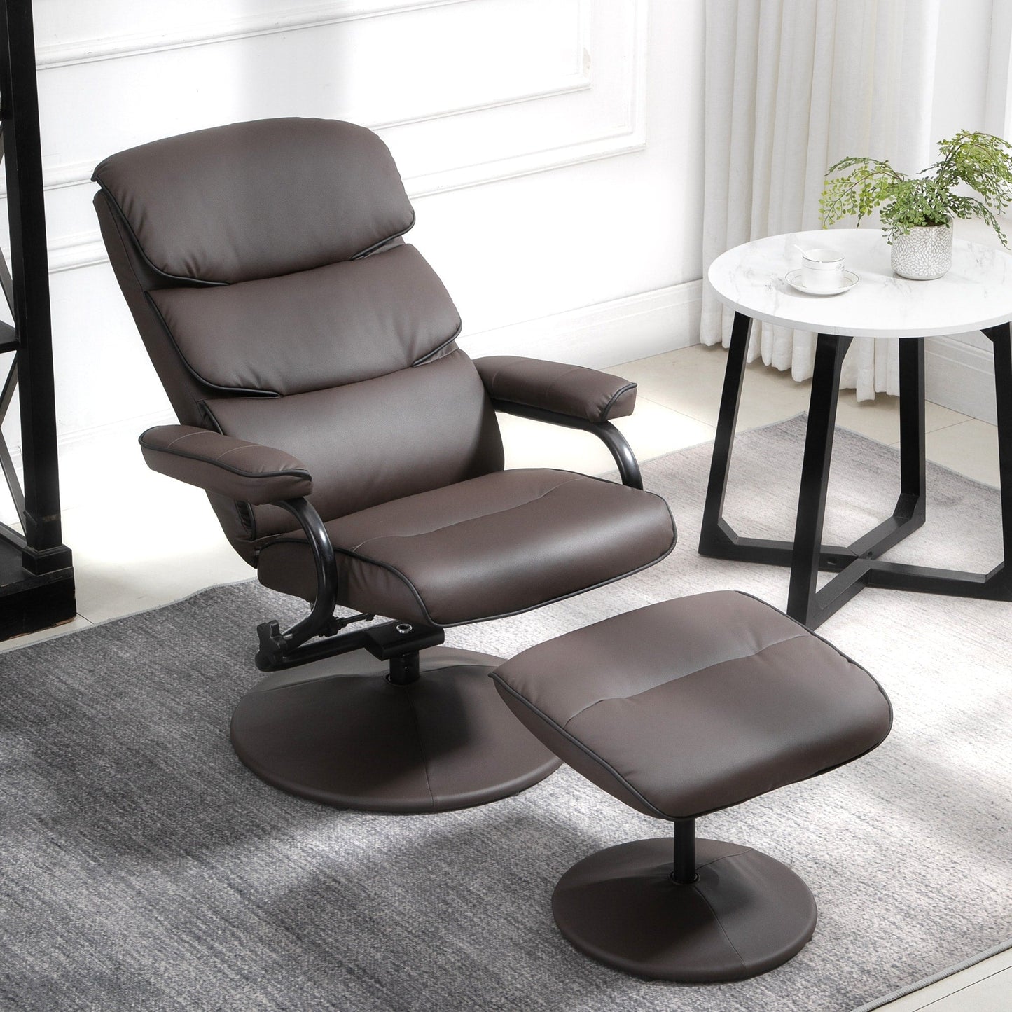 HOMCOM Recliner Chair with Ottoman, Swivel PU Leather High Back Armchair w/ Footrest Stool, 135° Adjustable Backrest