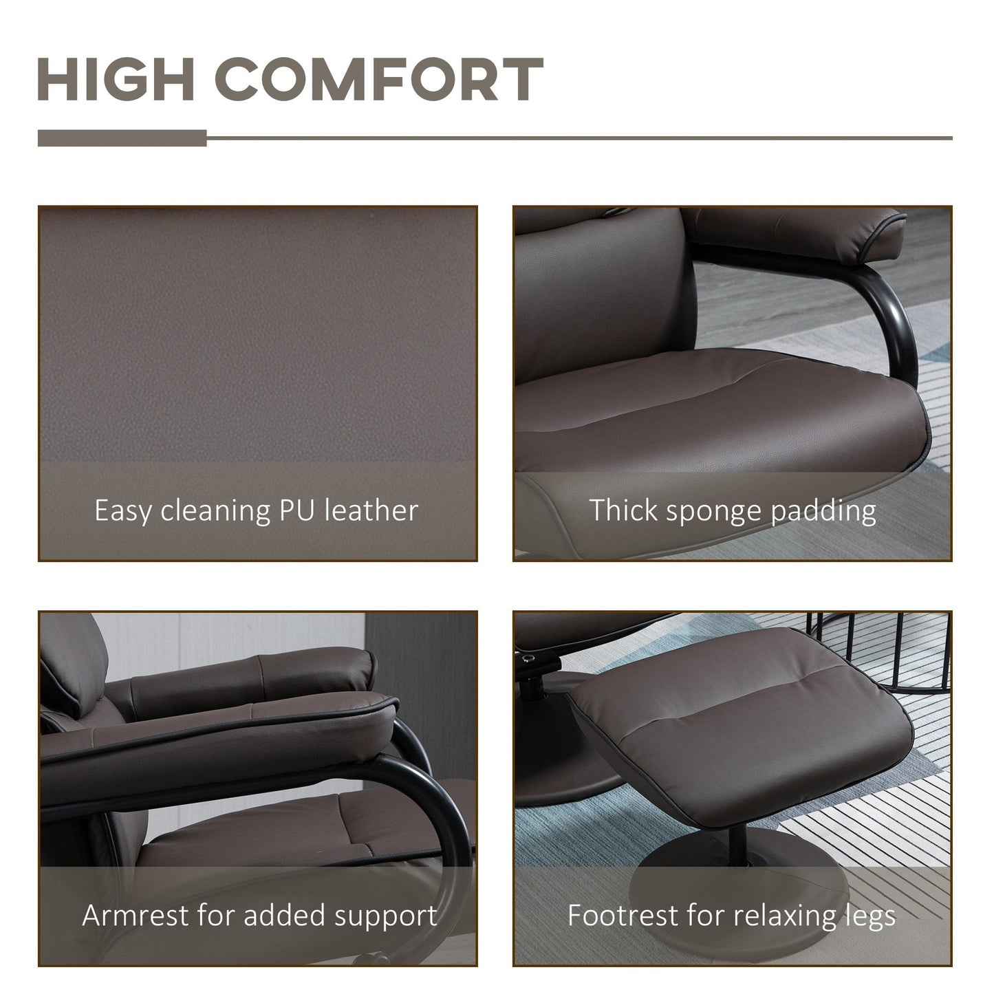 HOMCOM Recliner Chair with Ottoman, Swivel PU Leather High Back Armchair w/ Footrest Stool, 135° Adjustable Backrest