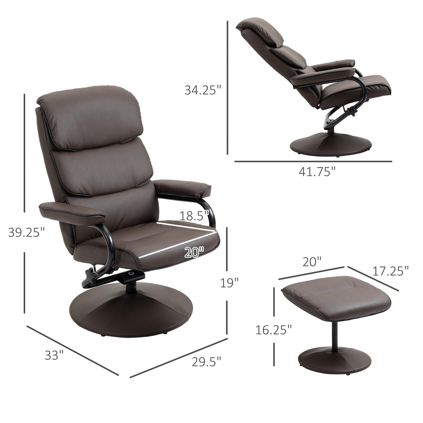 HOMCOM Recliner Chair with Ottoman, Swivel PU Leather High Back Armchair w/ Footrest Stool, 135° Adjustable Backrest