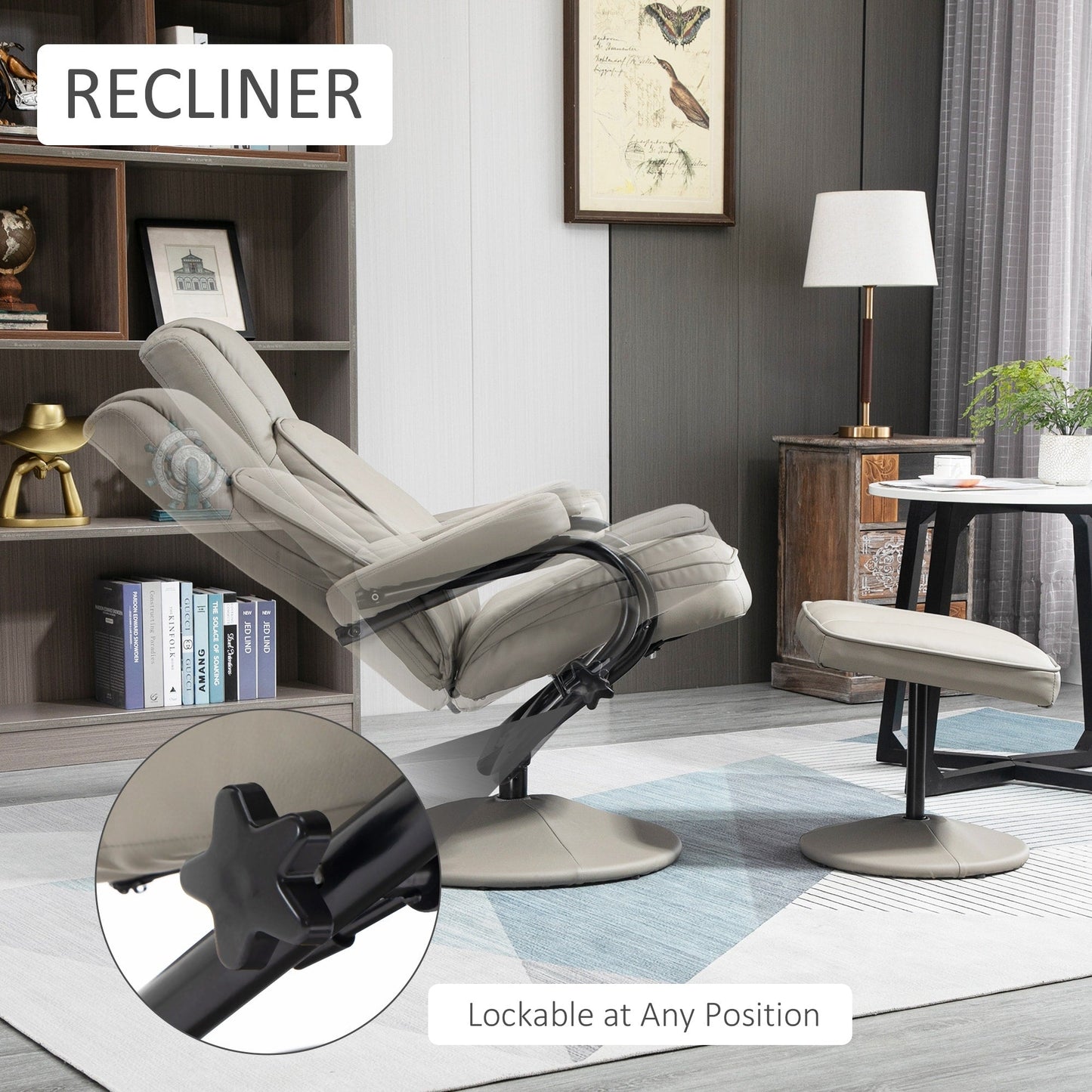 HOMCOM Swivel Recliner, Manual PU Leather Armchair with Ottoman Footrest for Living Room, Office, Bedroom