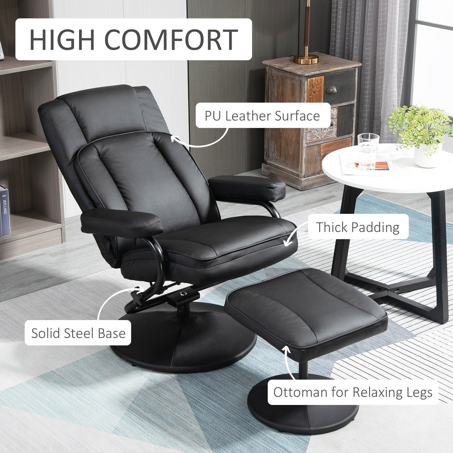 HOMCOM Swivel Recliner, Manual PU Leather Armchair with Ottoman Footrest for Living Room, Office, Bedroom