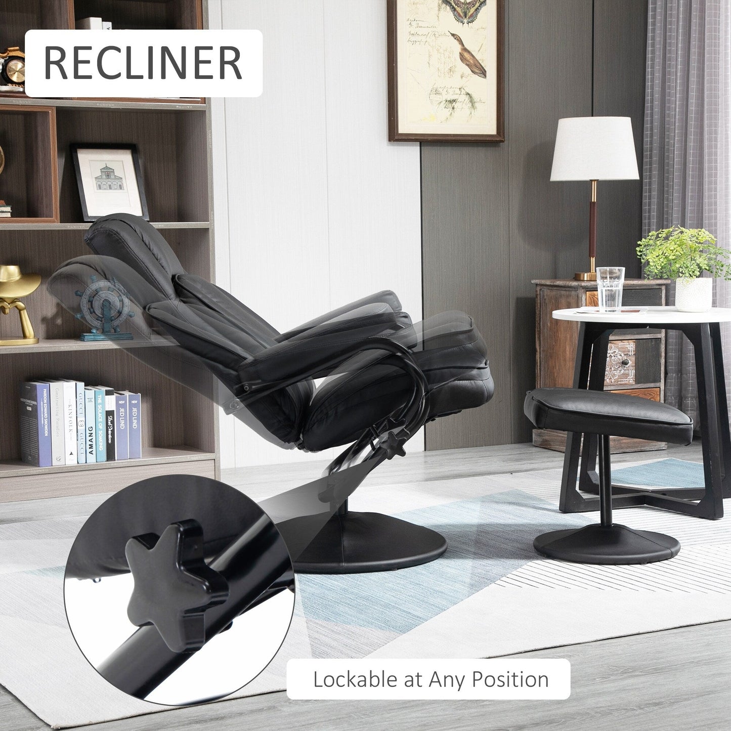 HOMCOM Swivel Recliner, Manual PU Leather Armchair with Ottoman Footrest for Living Room, Office, Bedroom