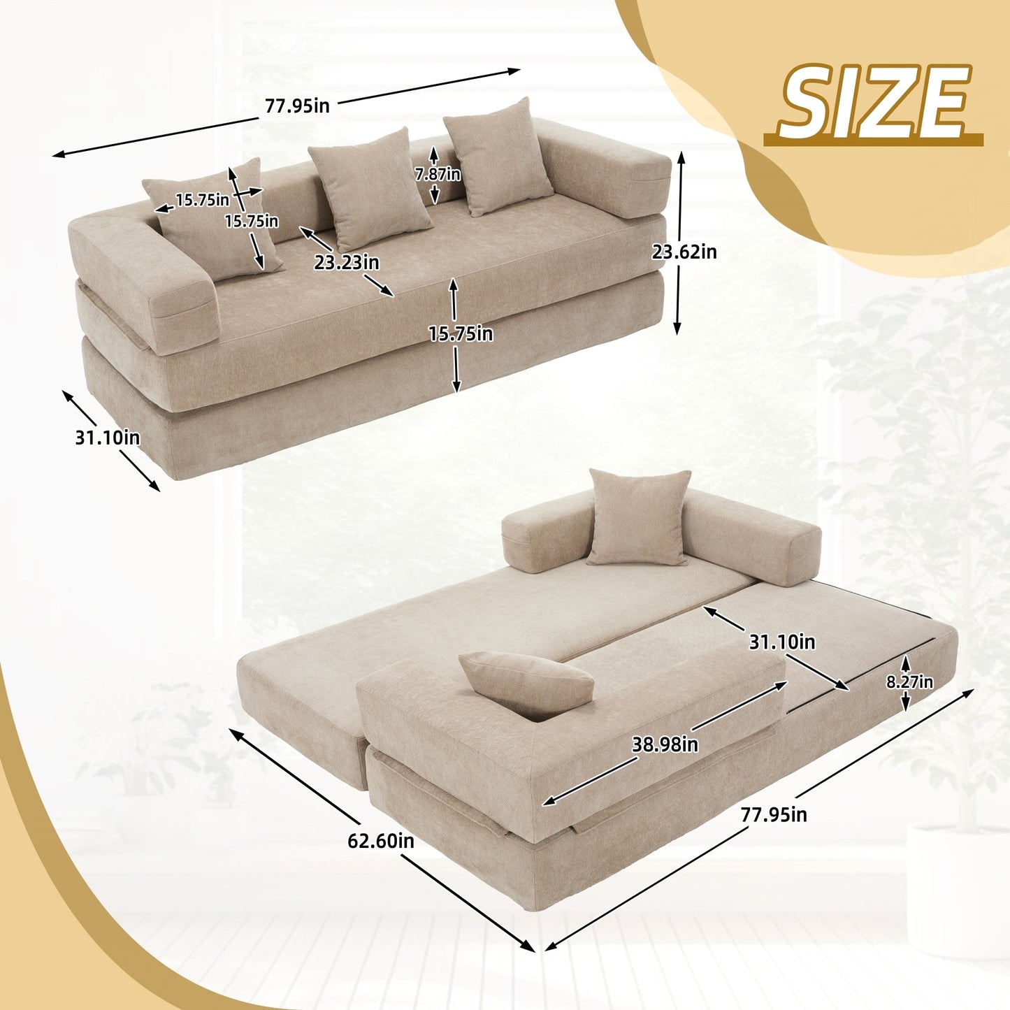 HOMEFUN Chenille Upholstered Convertible Foldable Memory Foam Sleeper Sofa with Pillows for Living Room