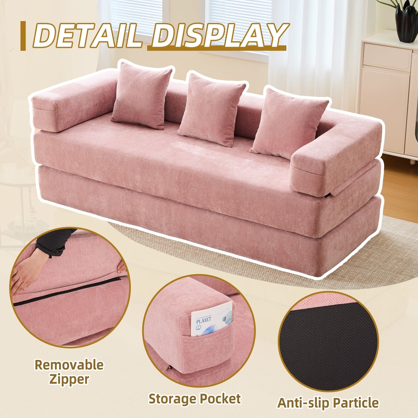 HOMEFUN Chenille Upholstered Convertible Foldable Memory Foam Sleeper Sofa with Pillows for Living Room
