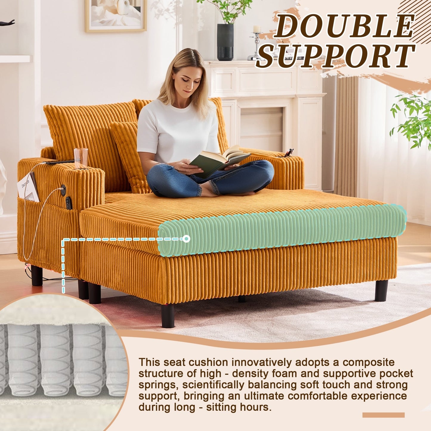 HOMEFUN Corduroy Upholstered Oversized RGB LED Light Recliner Sofa Bed with Cup Holder,USB&3 Pillows