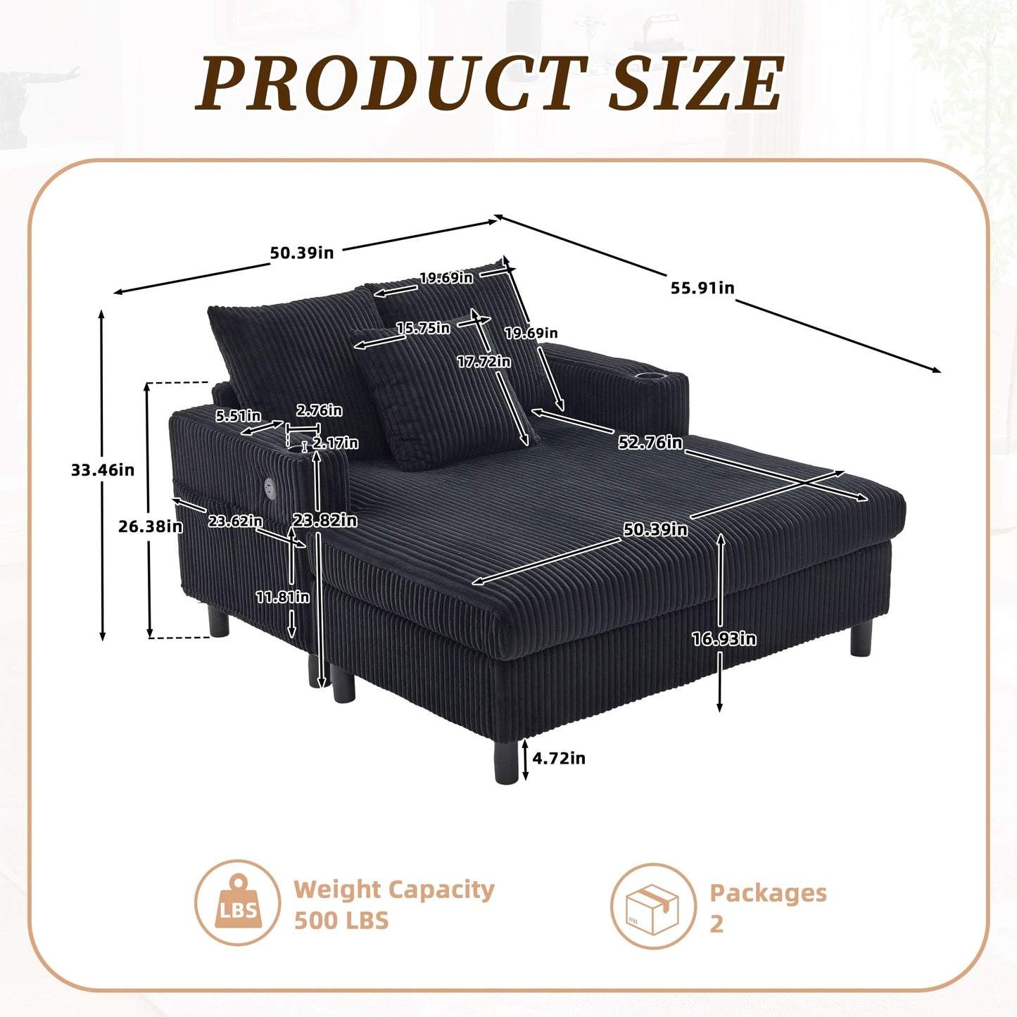 HOMEFUN Corduroy Upholstered Oversized RGB LED Light Recliner Sofa Bed with Cup Holder,USB&3 Pillows