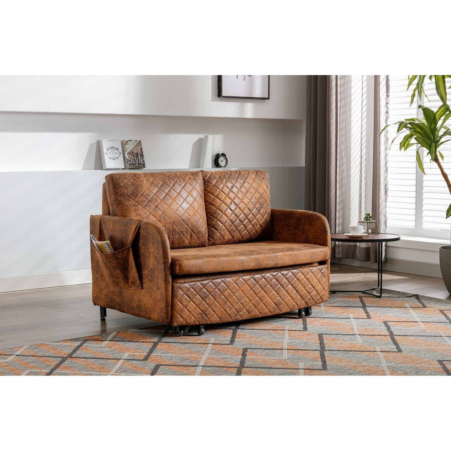 HOMEFUN Linen/PU Loveseat Convertible Storage Sleeper Sofa Bed with Headboard