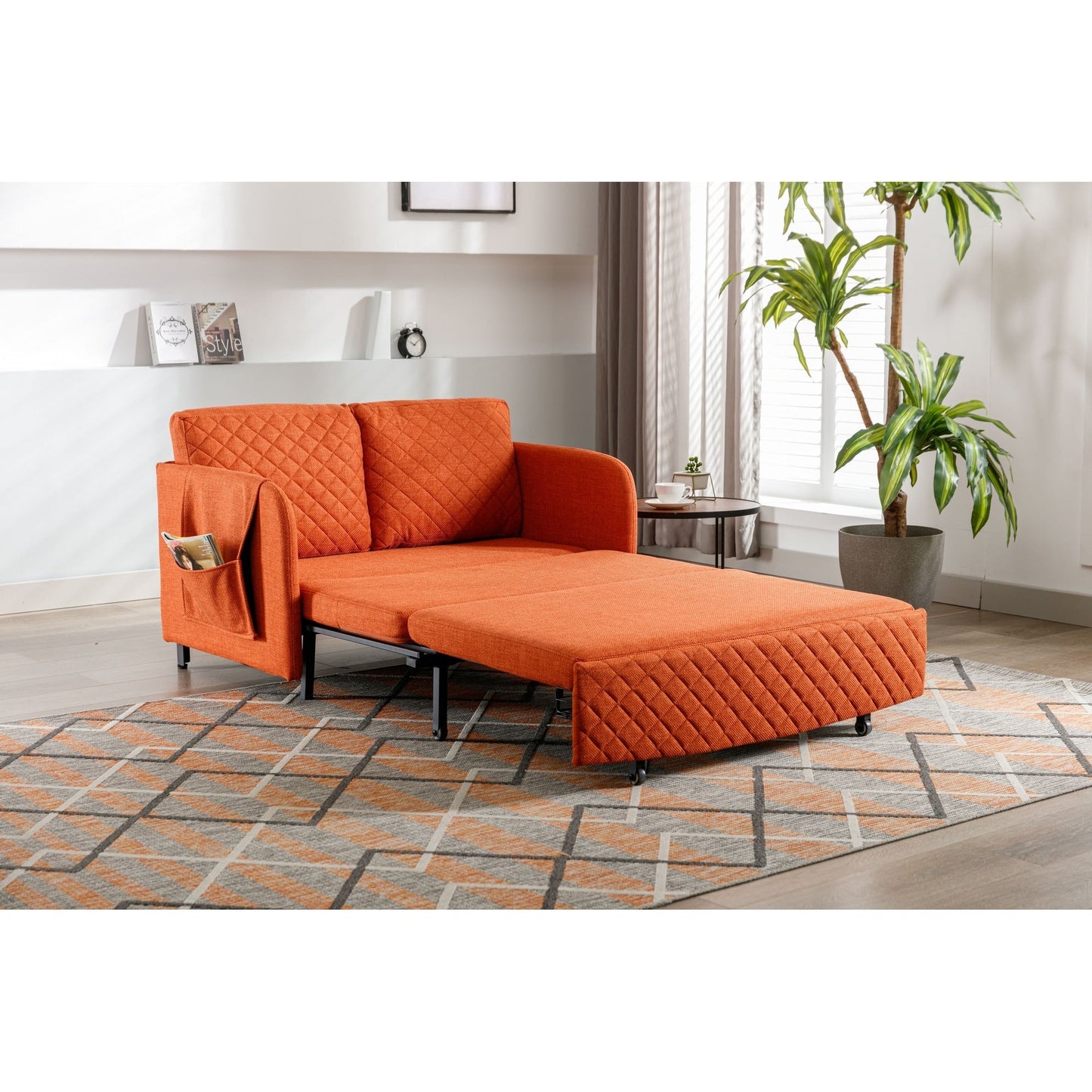 HOMEFUN Linen/PU Loveseat Convertible Storage Sleeper Sofa Bed with Headboard