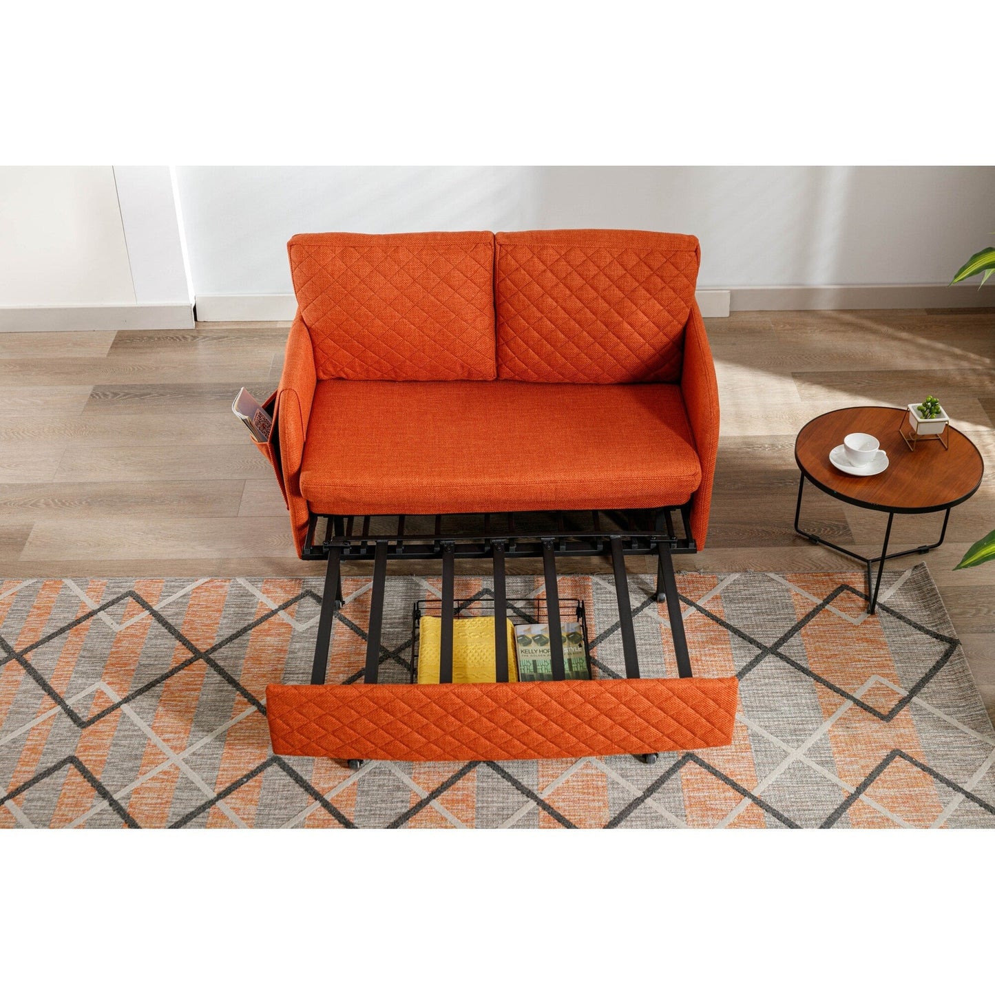 HOMEFUN Linen/PU Loveseat Convertible Storage Sleeper Sofa Bed with Headboard