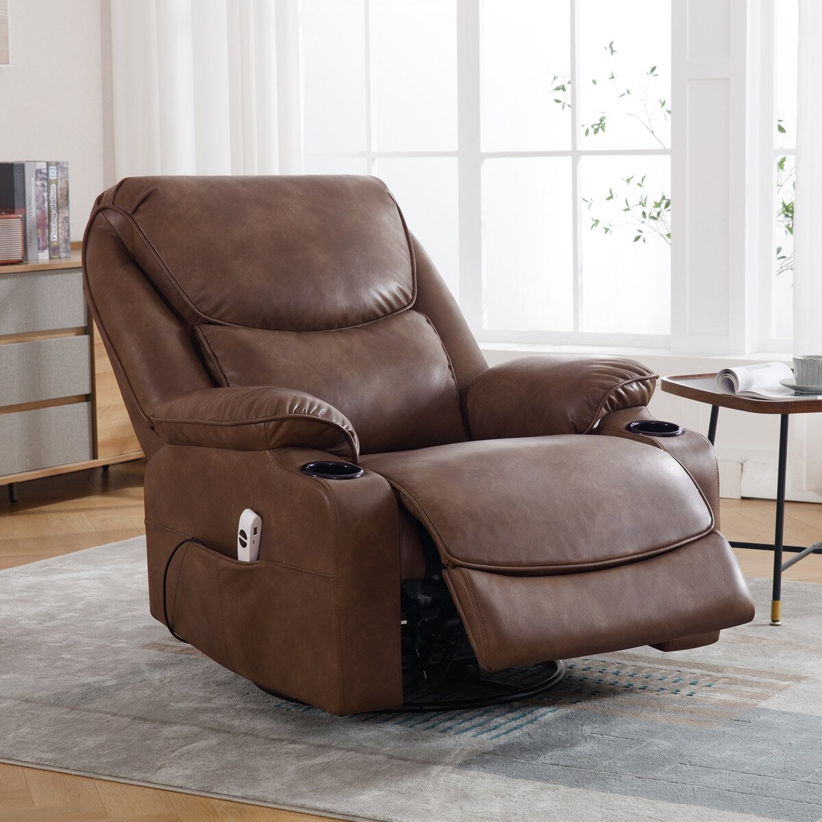 HOMYKA 34.2'' Wide Faux Leather Swivel Rocking Power Recliner Chair With USB Port