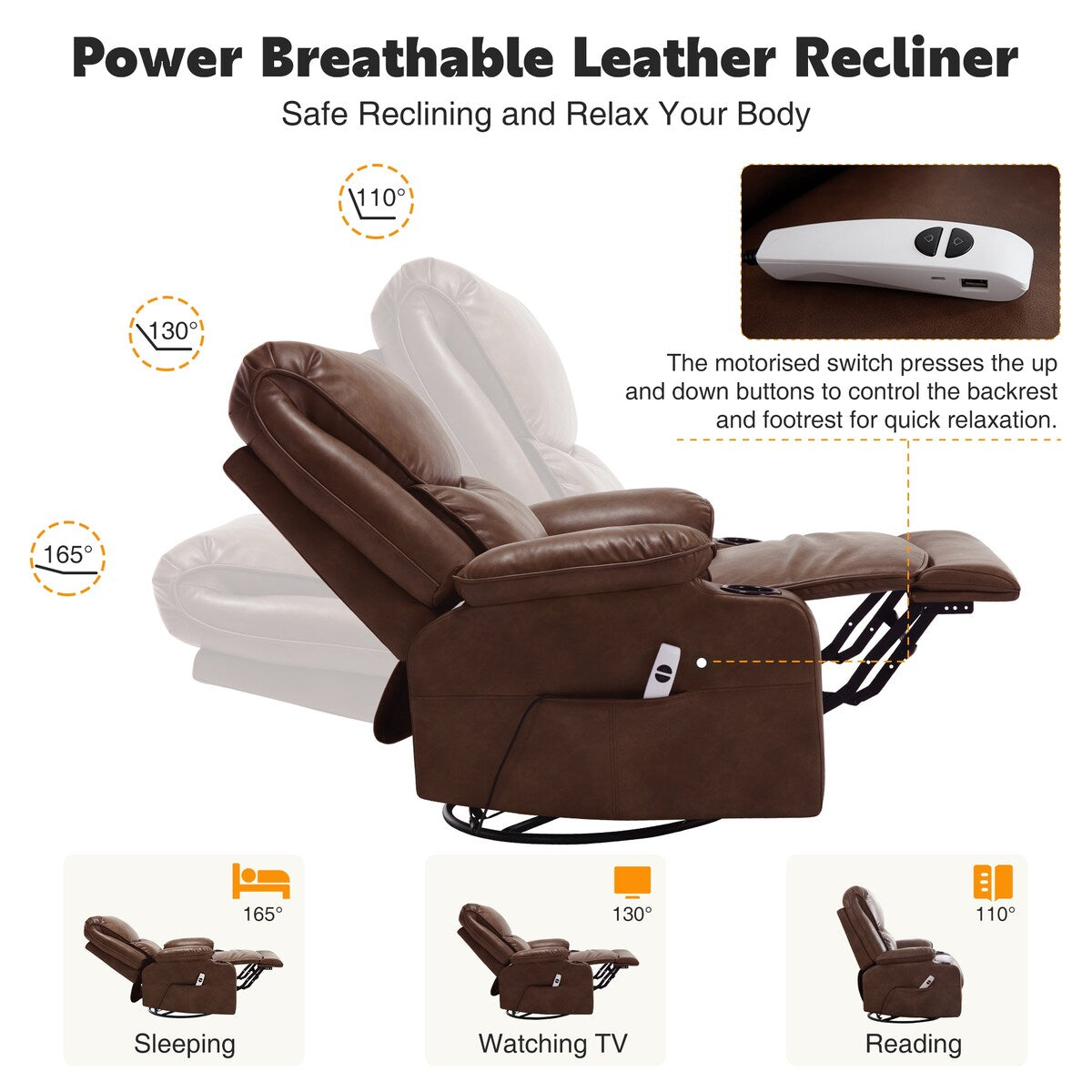 HOMYKA 34.2'' Wide Faux Leather Swivel Rocking Power Recliner Chair With USB Port