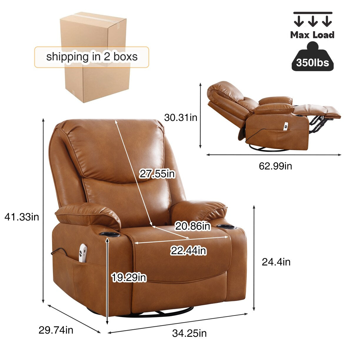 HOMYKA 34.2'' Wide Faux Leather Swivel Rocking Power Recliner Chair With USB Port