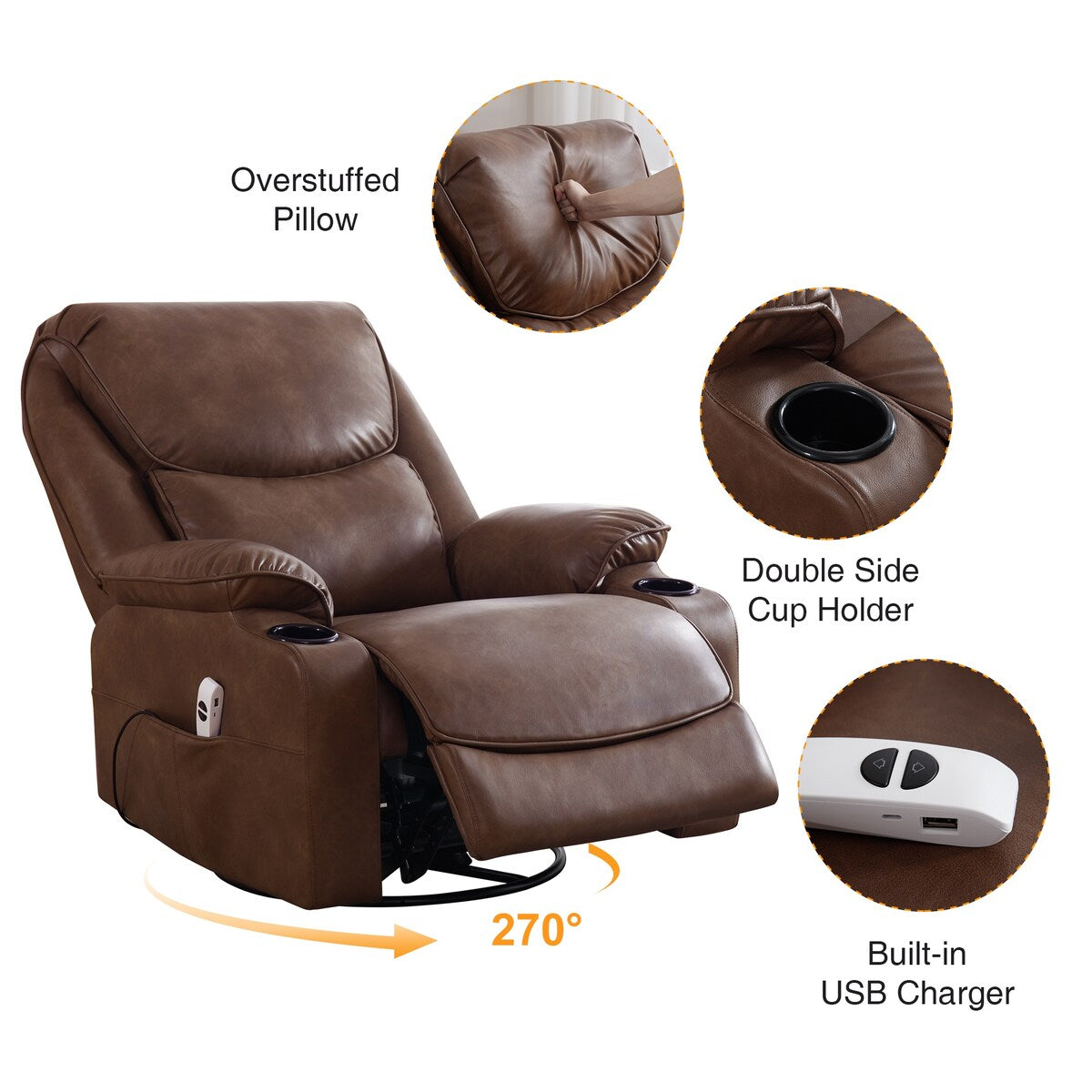HOMYKA 34.2'' Wide Faux Leather Swivel Rocking Power Recliner Chair With USB Port