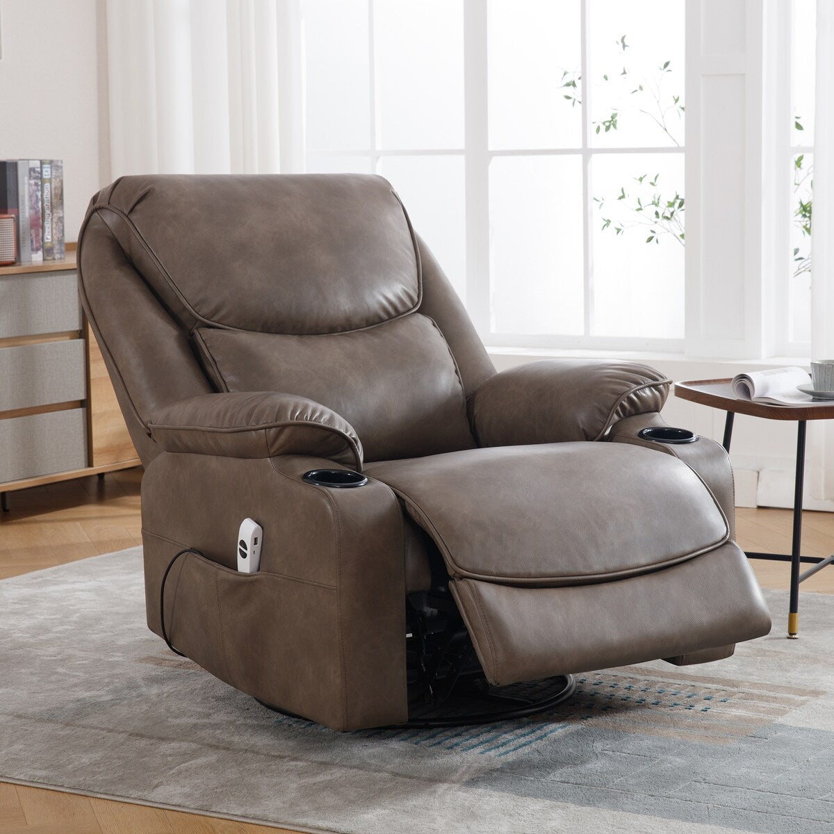 HOMYKA 34.2'' Wide Faux Leather Swivel Rocking Power Recliner Chair With USB Port