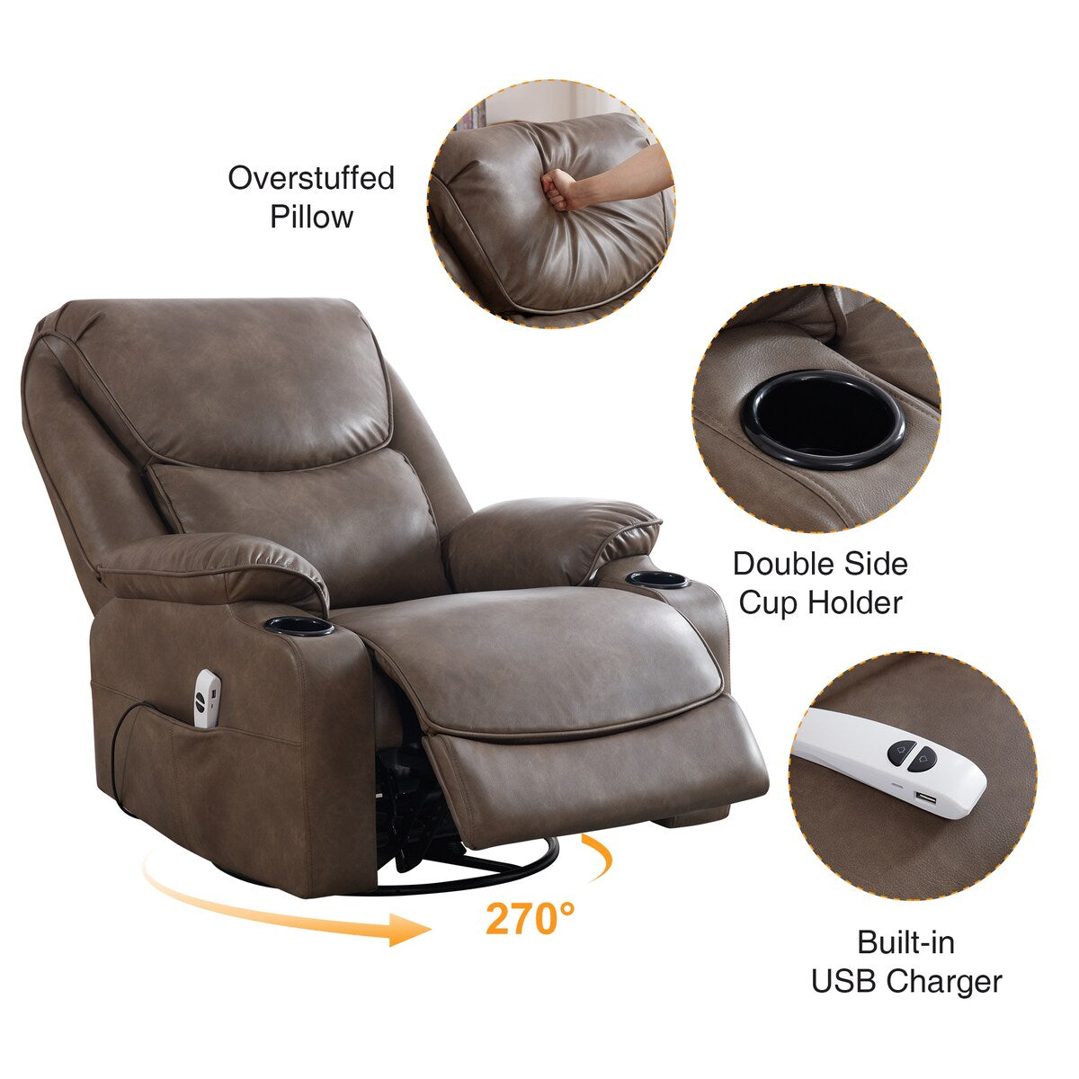 HOMYKA 34.2'' Wide Faux Leather Swivel Rocking Power Recliner Chair With USB Port