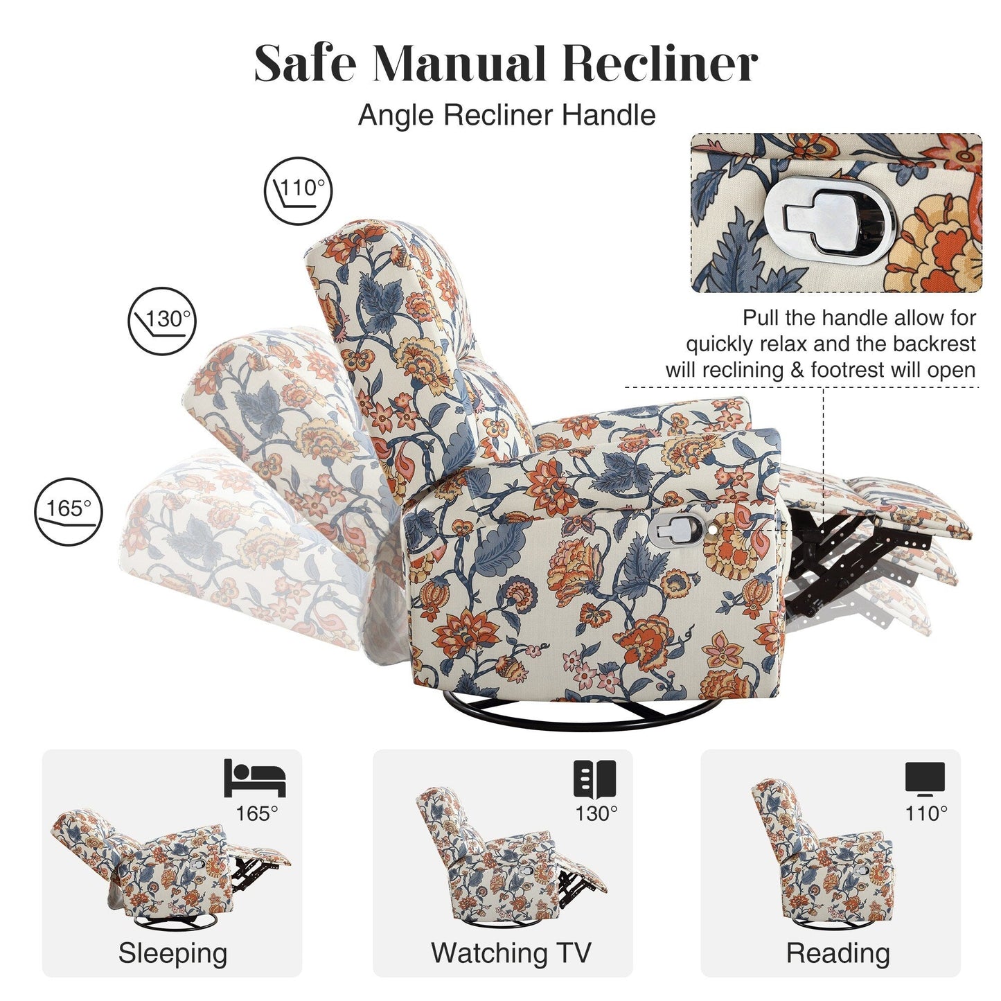 HOMYKA Floral Manual Recliner Swivel Rocking Chair Upholstered Glider