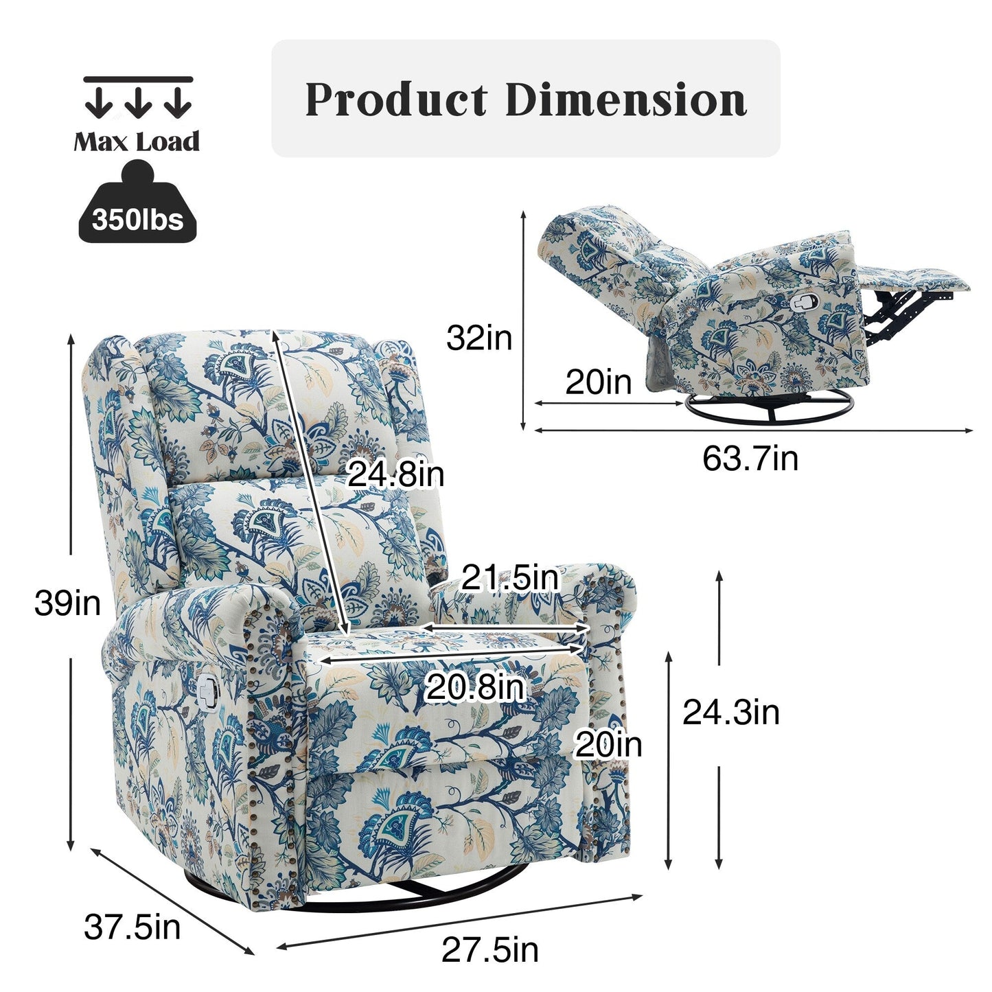 HOMYKA Floral Manual Recliner Swivel Rocking Chair Upholstered Glider