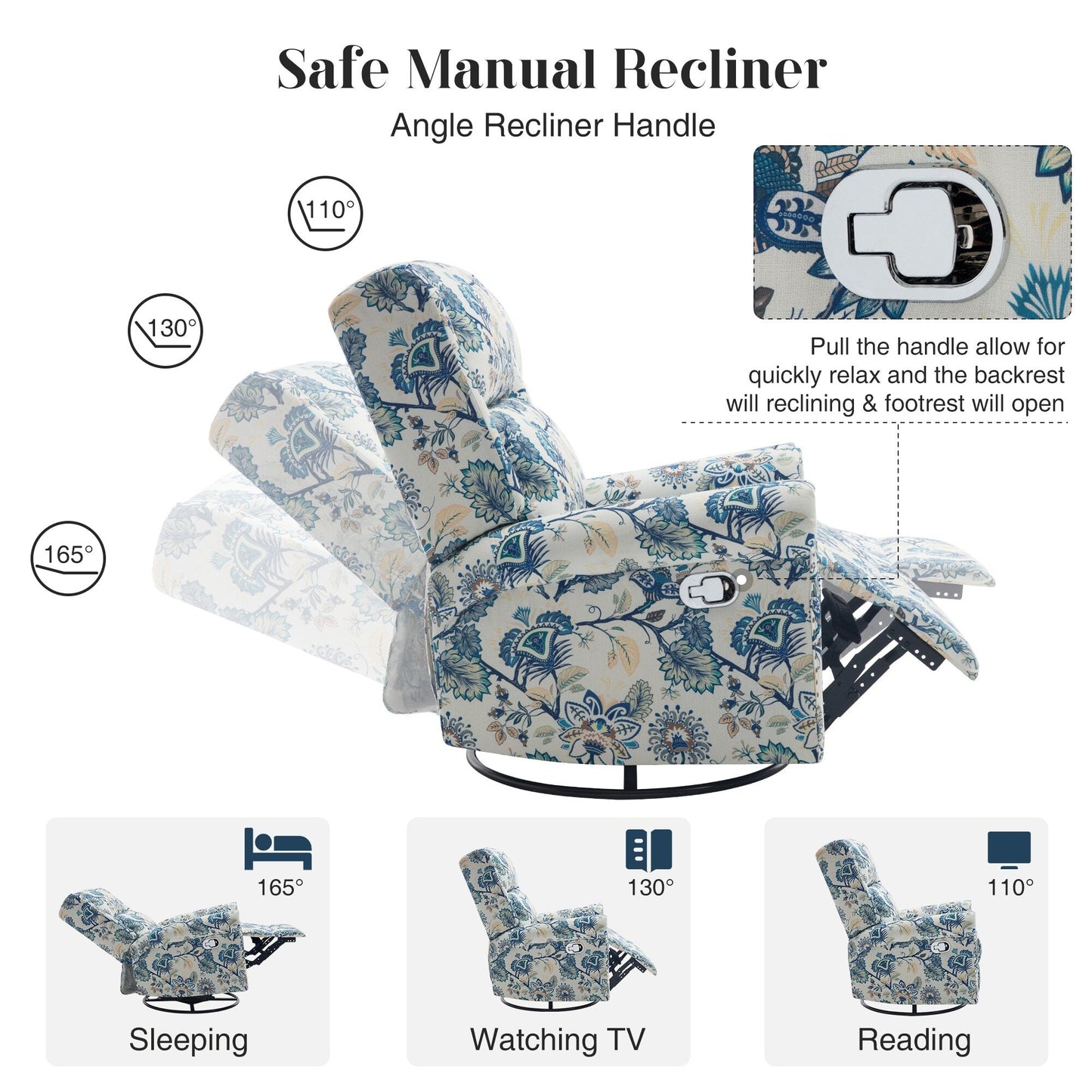 HOMYKA Floral Manual Recliner Swivel Rocking Chair Upholstered Glider