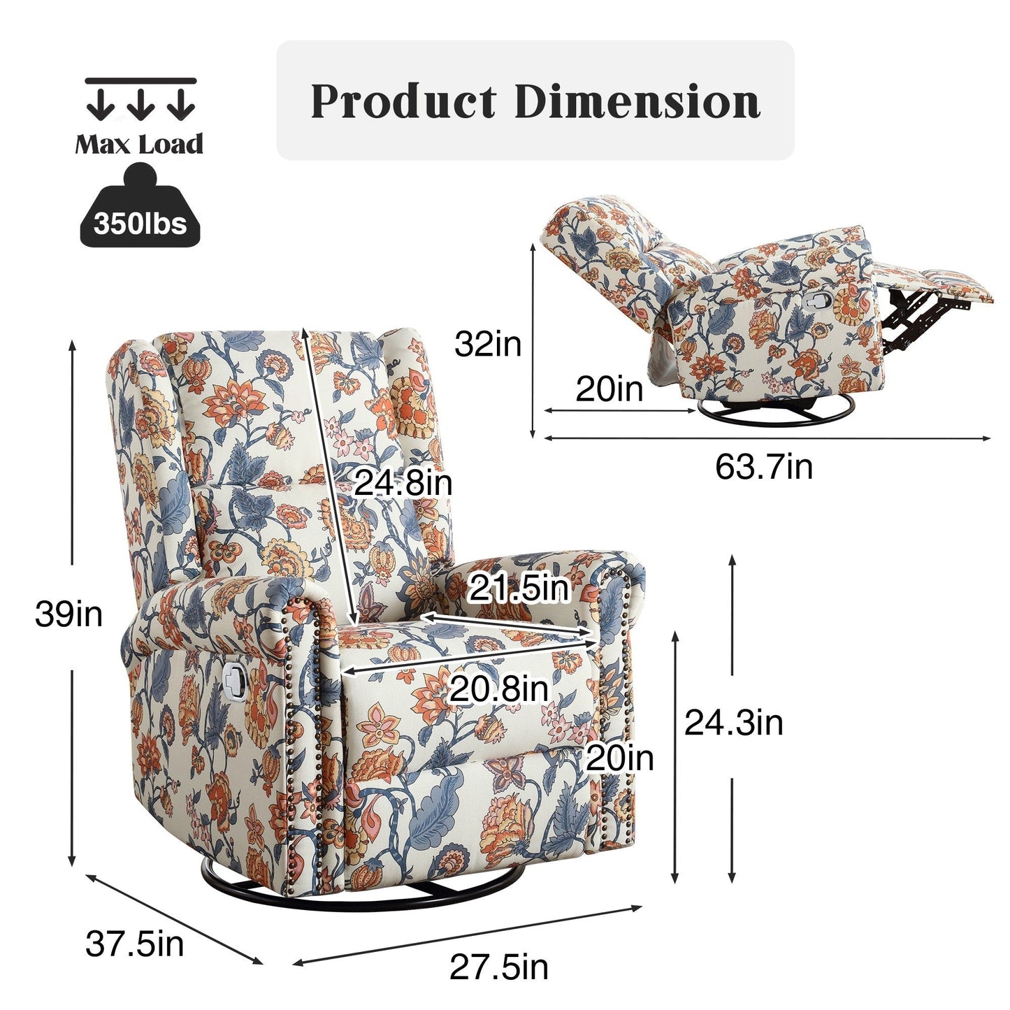 HOMYKA Floral Manual Recliner Swivel Rocking Chair Upholstered Glider