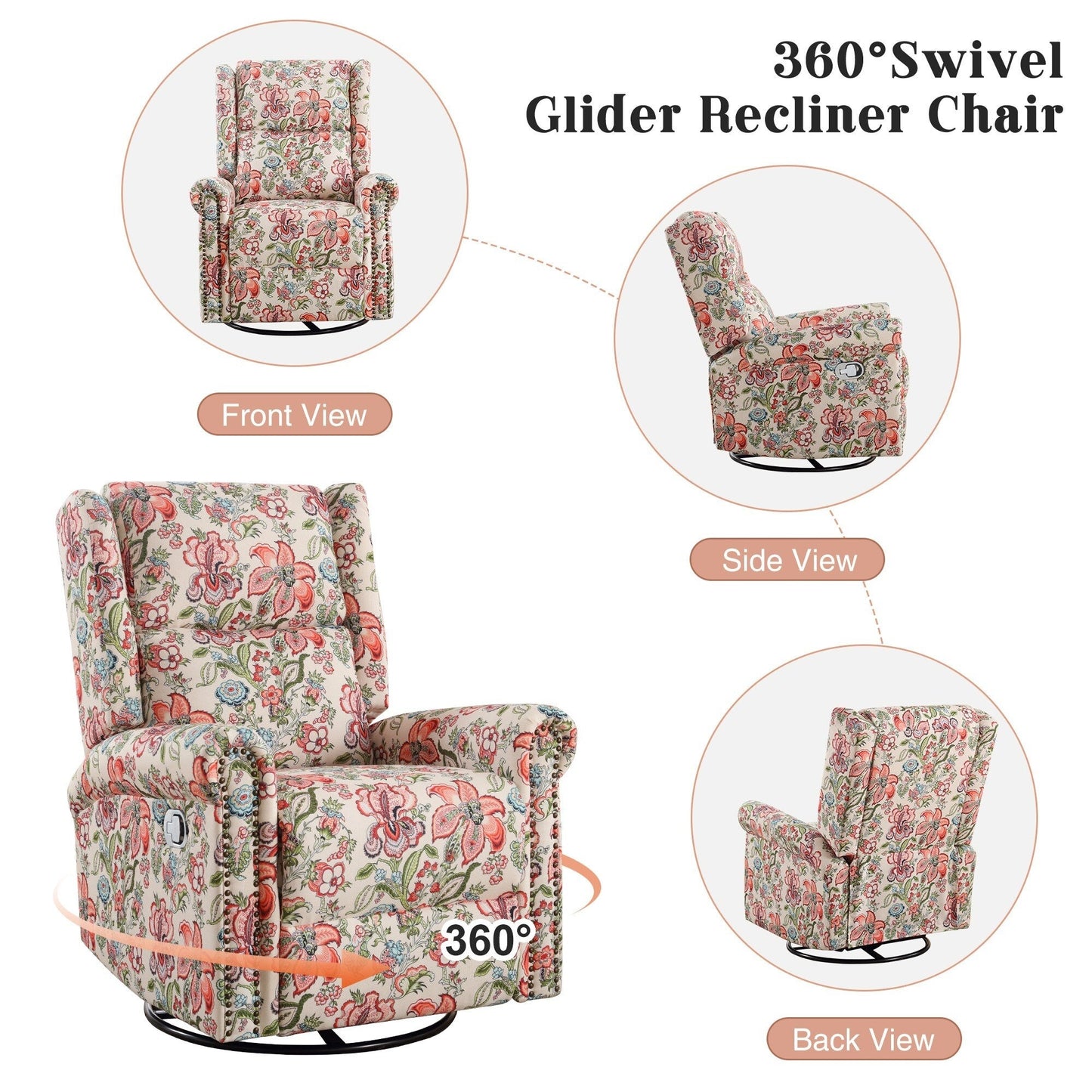 HOMYKA Floral Manual Recliner Swivel Rocking Chair Upholstered Glider