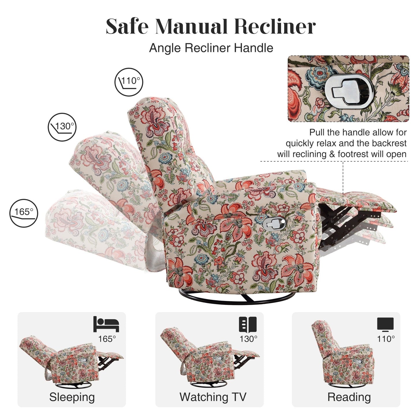 HOMYKA Floral Manual Recliner Swivel Rocking Chair Upholstered Glider
