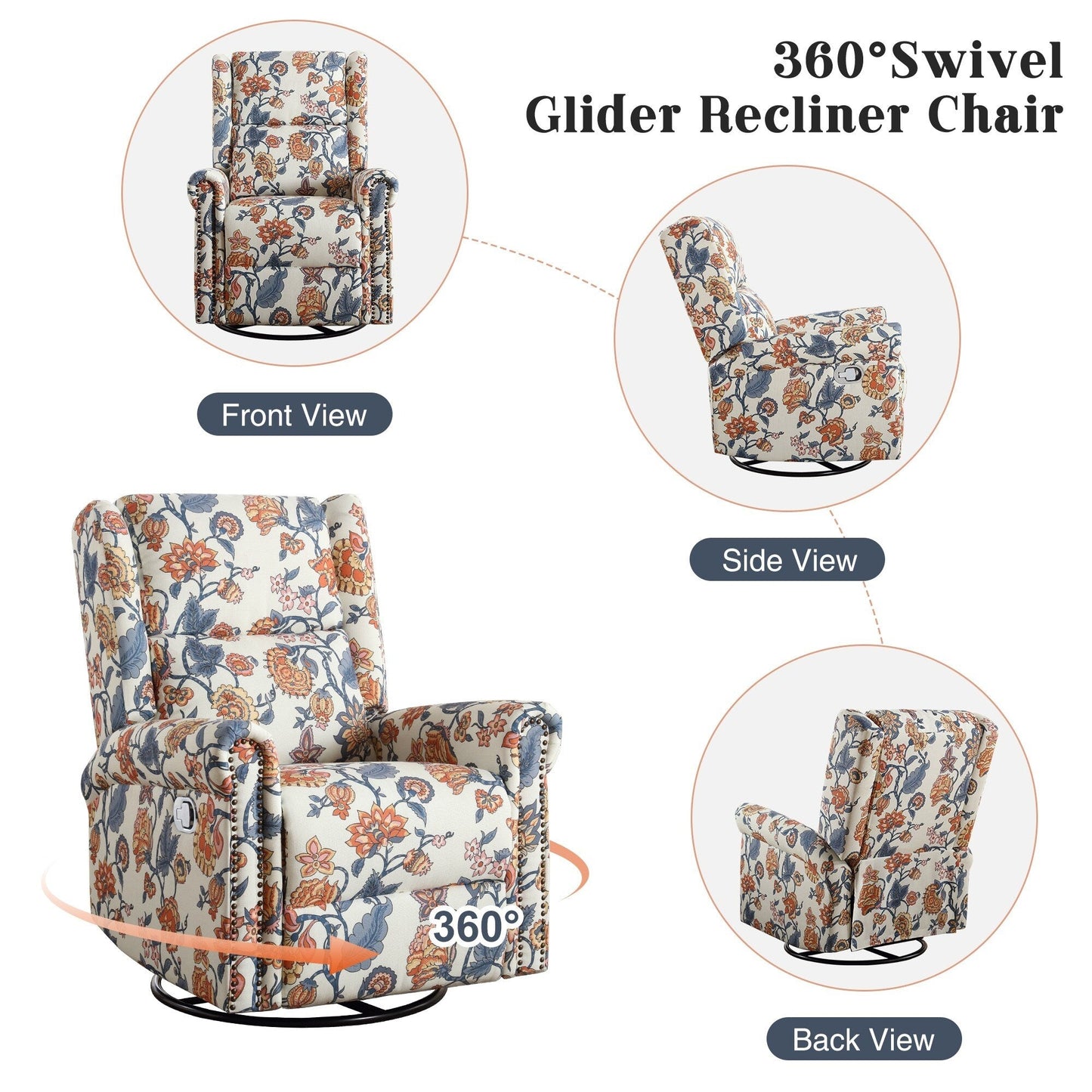 HOMYKA Floral Manual Recliner Swivel Rocking Chair Upholstered Glider