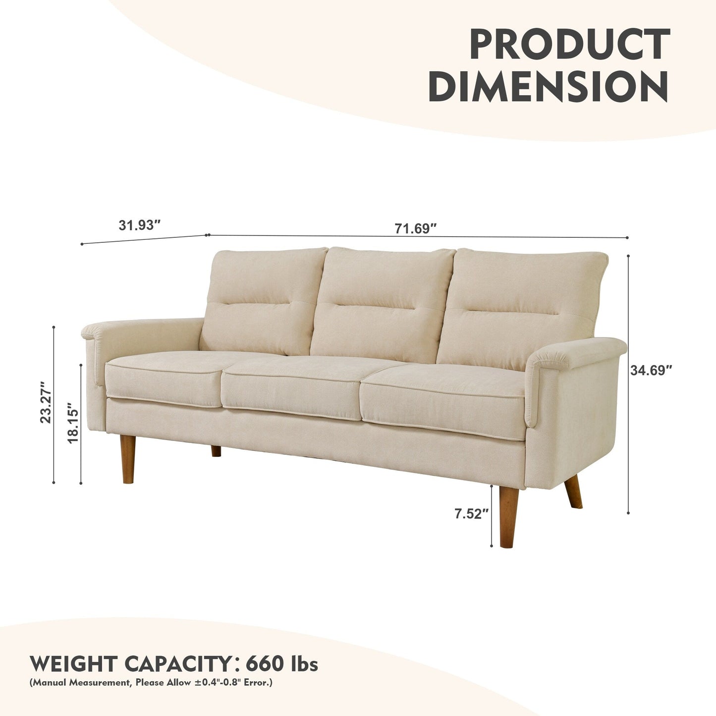 HOOOWOOO Living Room Furniture 71 Modern Upholstered Fabric 3-Seater Sofa