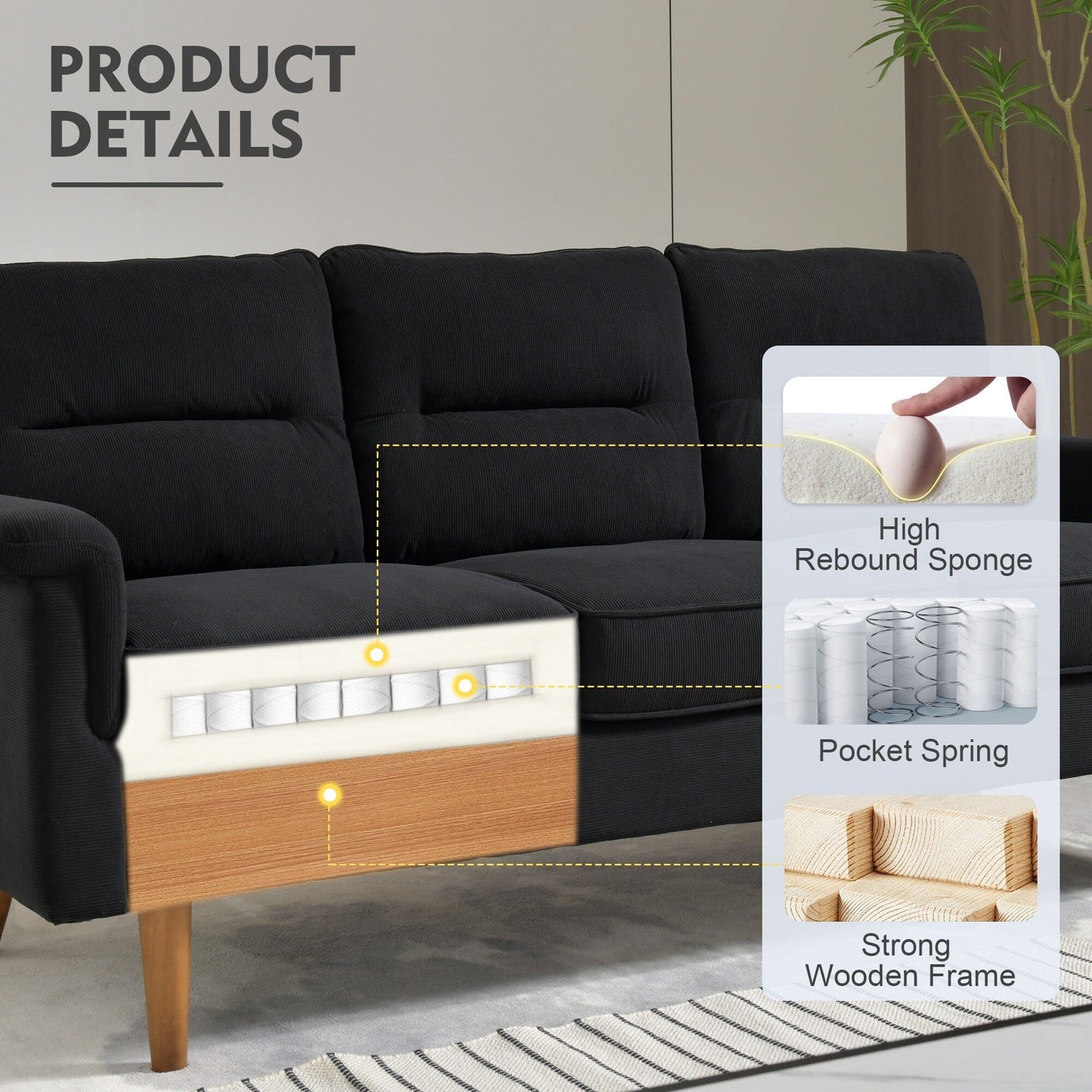 HOOOWOOO Living Room Furniture 71 Modern Upholstered Fabric 3-Seater Sofa