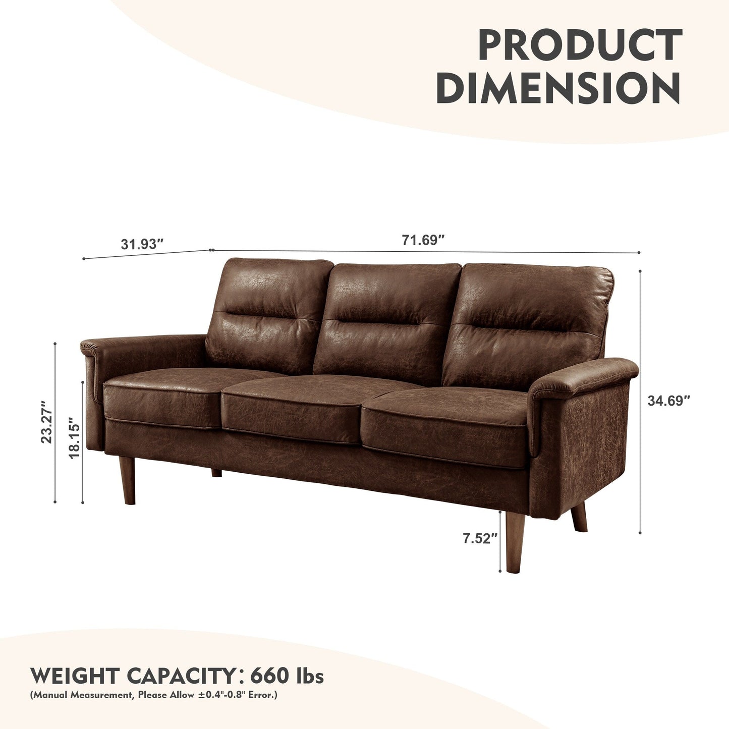 HOOOWOOO Living Room Furniture 71 Modern Upholstered Fabric 3-Seater Sofa