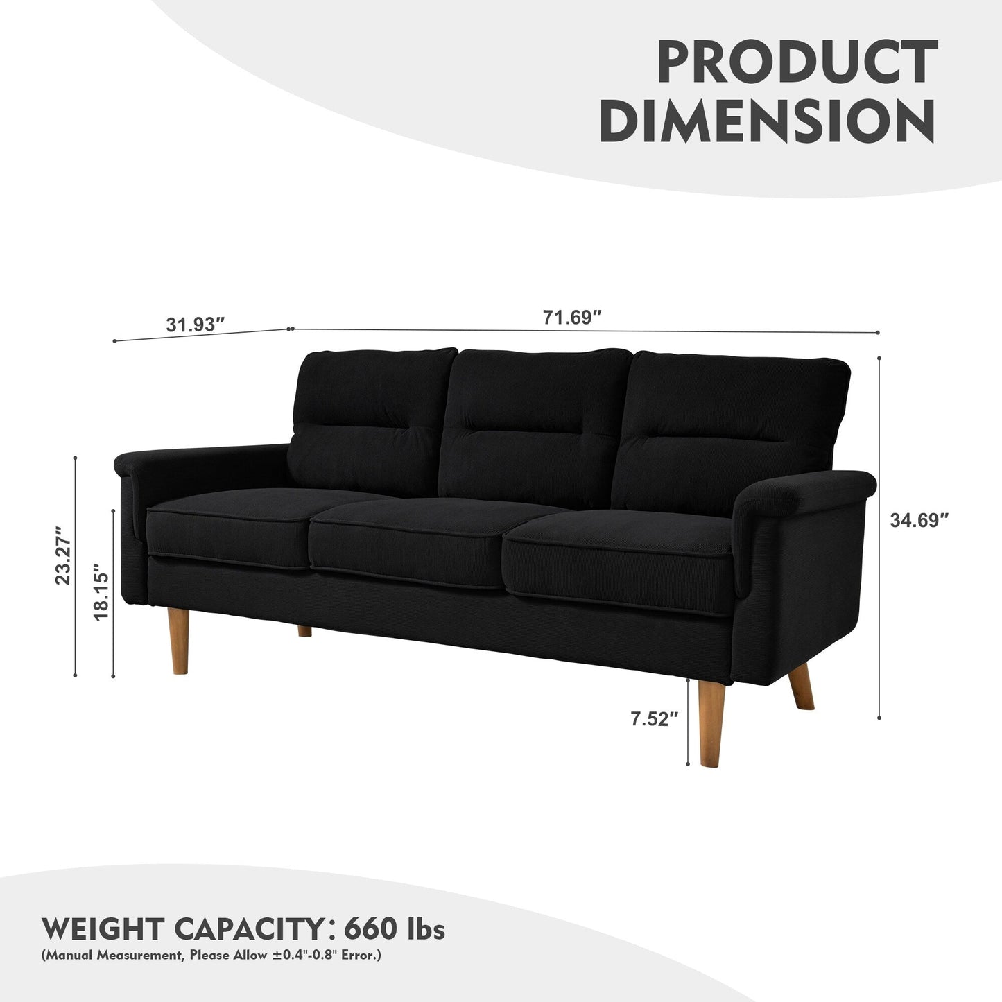 HOOOWOOO Living Room Furniture 71 Modern Upholstered Fabric 3-Seater Sofa