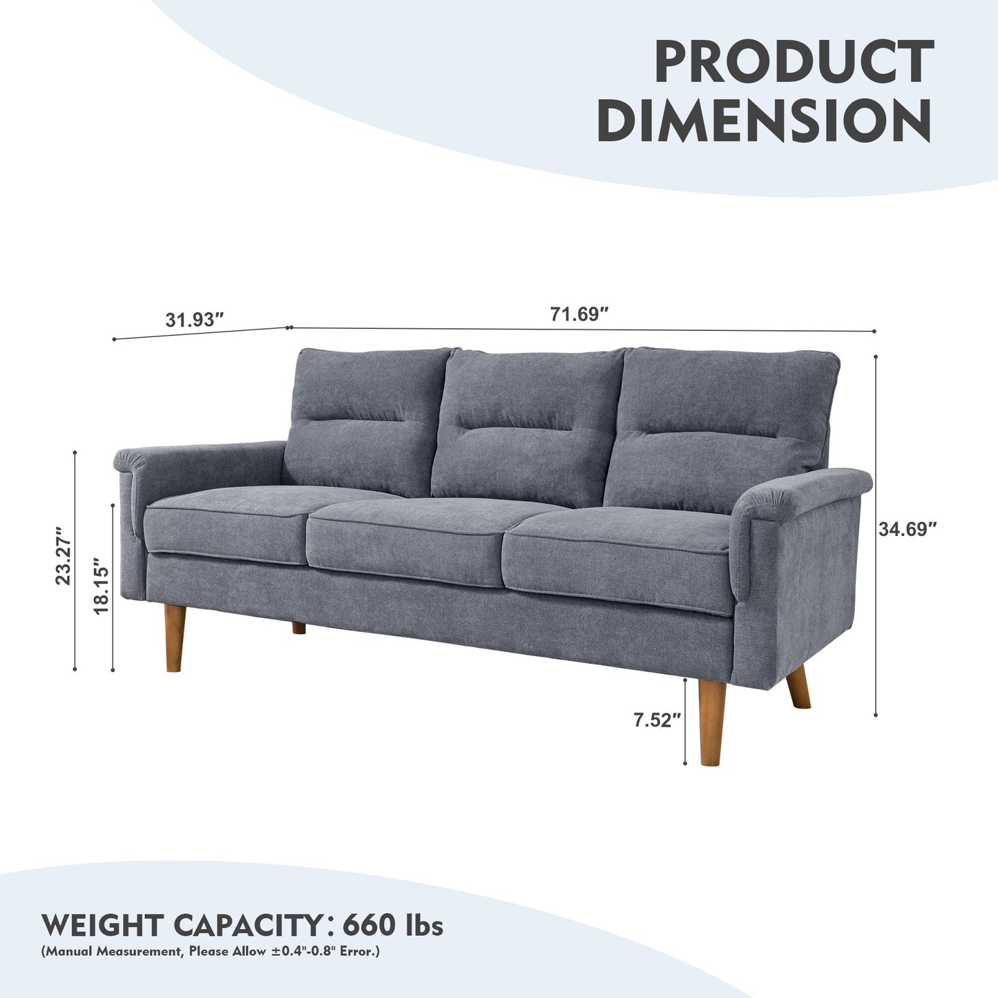 HOOOWOOO Living Room Furniture 71 Modern Upholstered Fabric 3-Seater Sofa