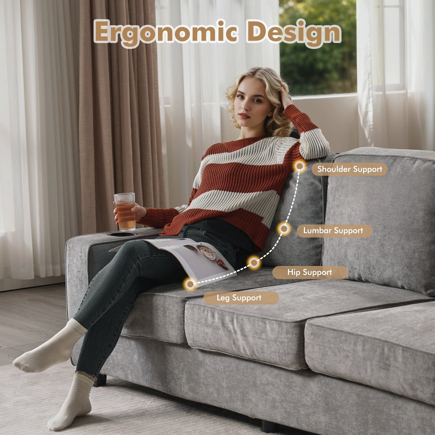 HOOOWOOO Living Room Furniture Modern Corduroy Upholstered Sofa Couch