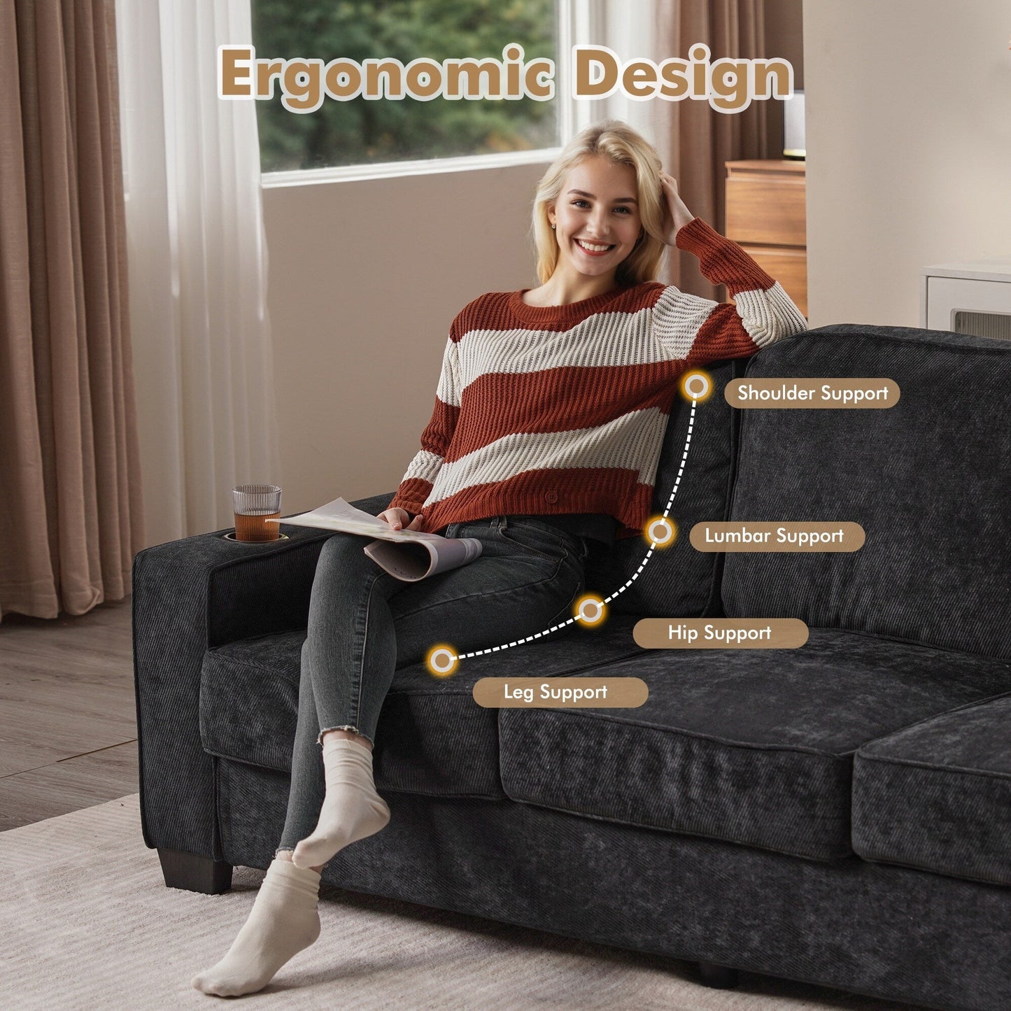 HOOOWOOO Living Room Furniture Modern Corduroy Upholstered Sofa Couch