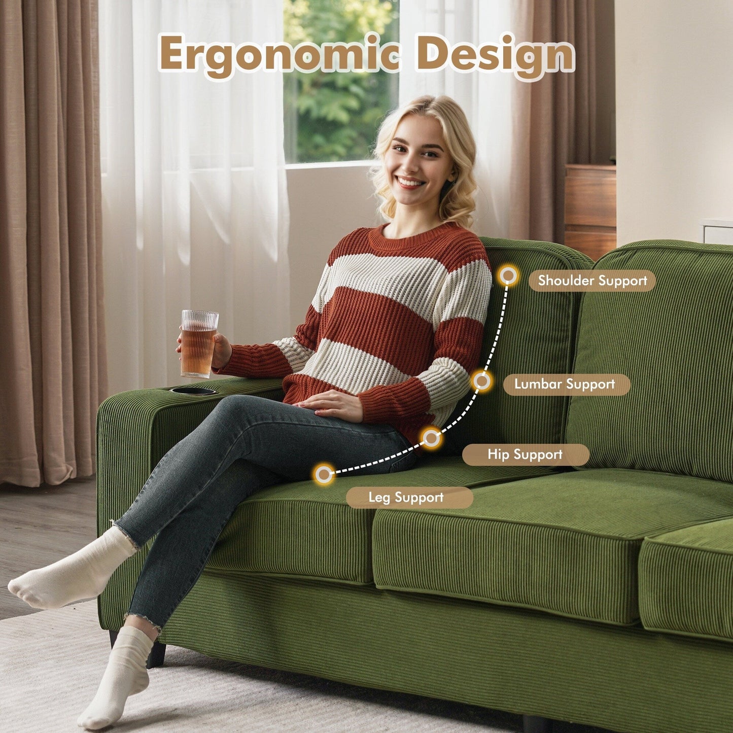 HOOOWOOO Living Room Furniture Modern Corduroy Upholstered Sofa Couch
