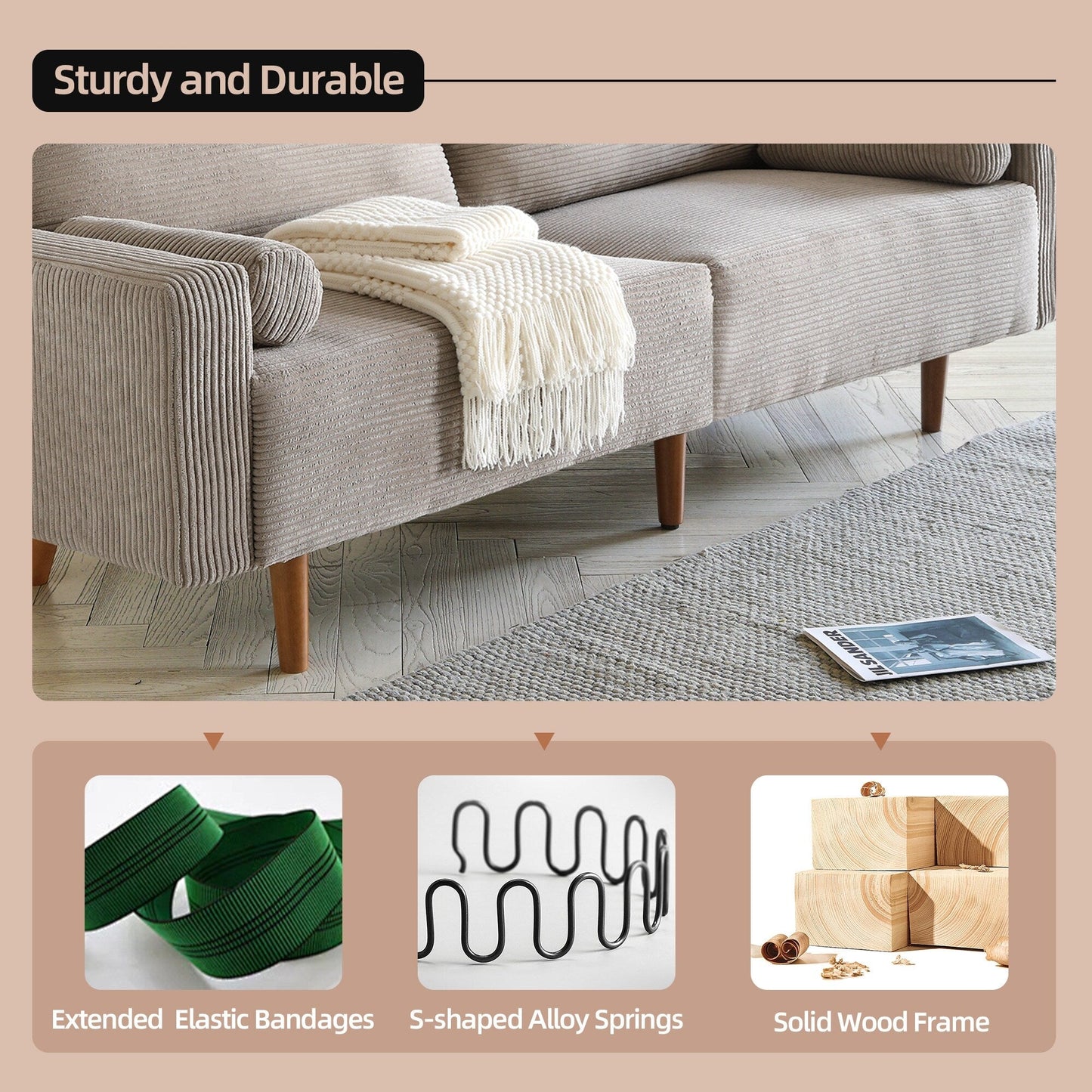 HOOOWOOO Mid-Century Modern Upholstered Sofa Couch with Rolled Pillows