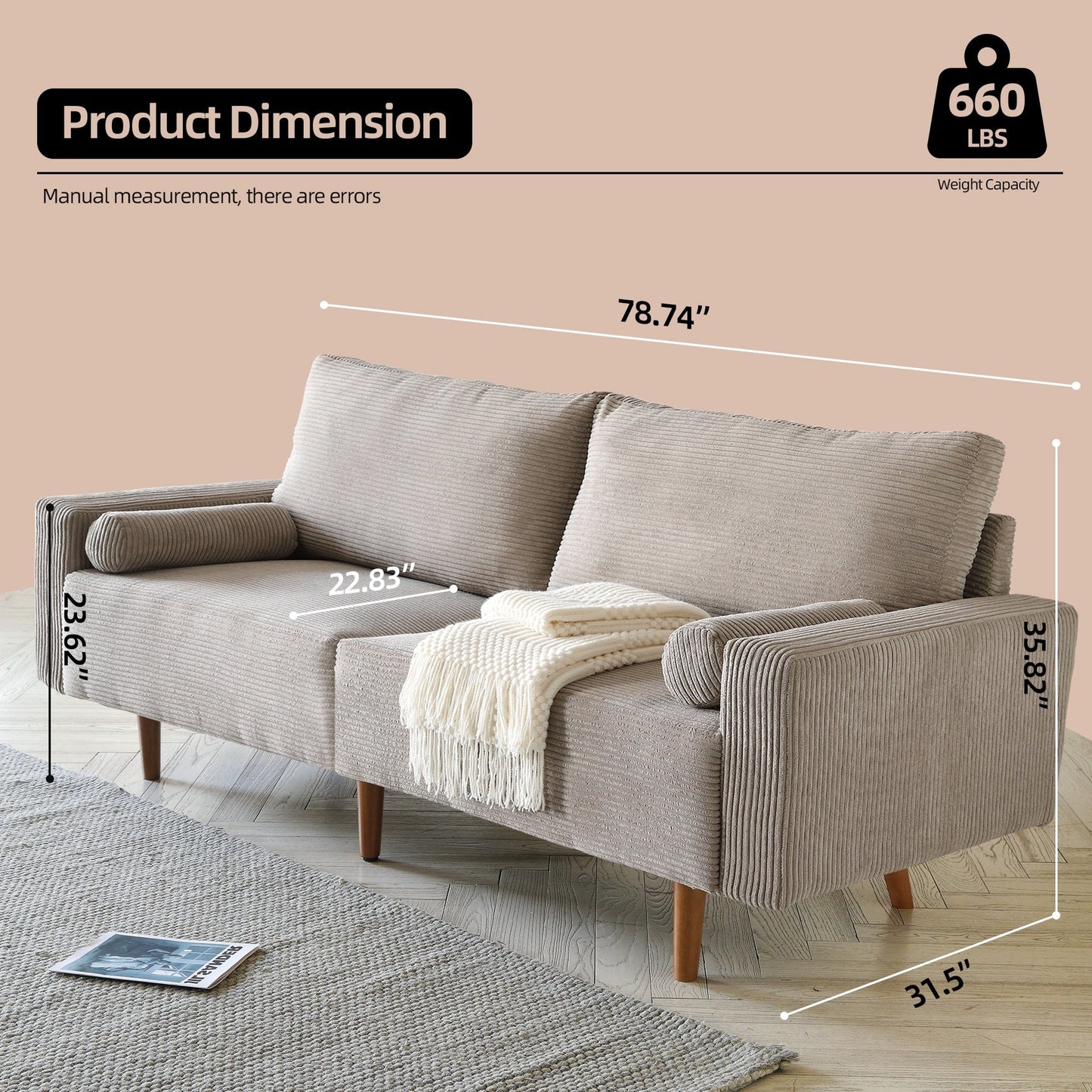 HOOOWOOO Mid-Century Modern Upholstered Sofa Couch with Rolled Pillows