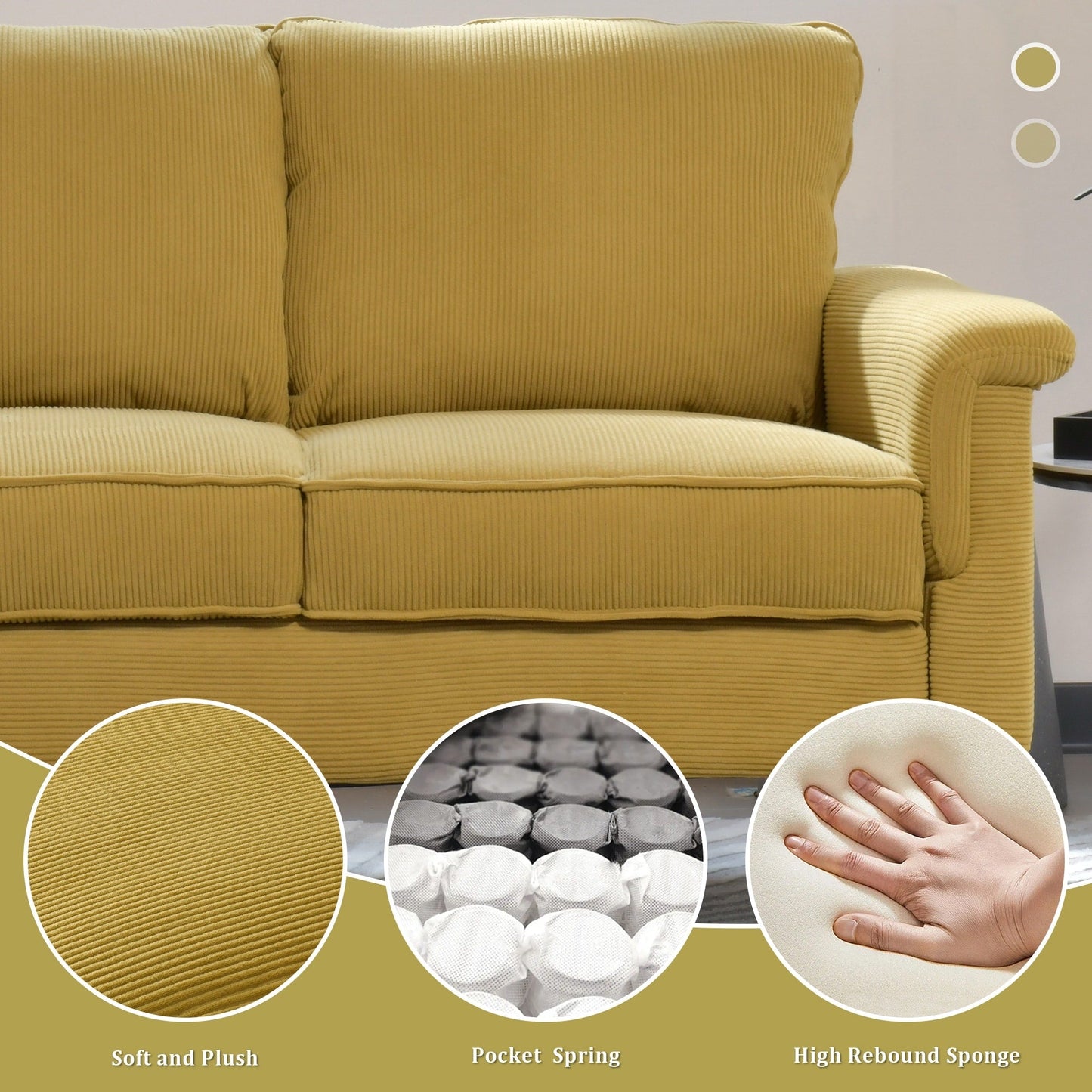HOOOWOOO Modern 3 Seater Polyester Fabric Sofa Couch with Wide Armrest