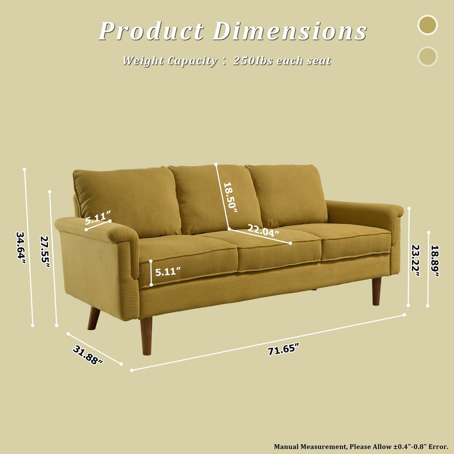 HOOOWOOO Modern 3 Seater Polyester Fabric Sofa Couch with Wide Armrest