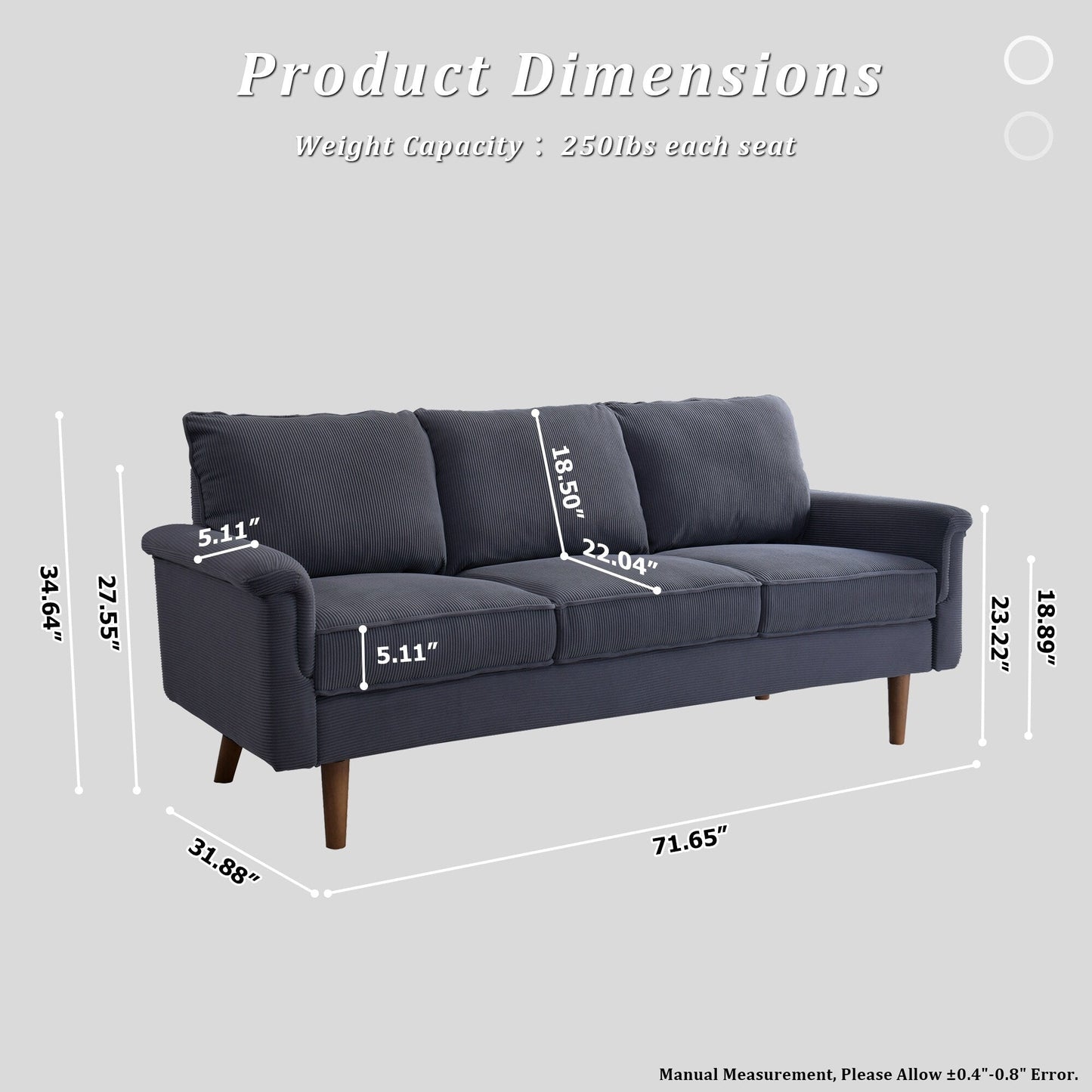 HOOOWOOO Modern 3 Seater Polyester Fabric Sofa Couch with Wide Armrest
