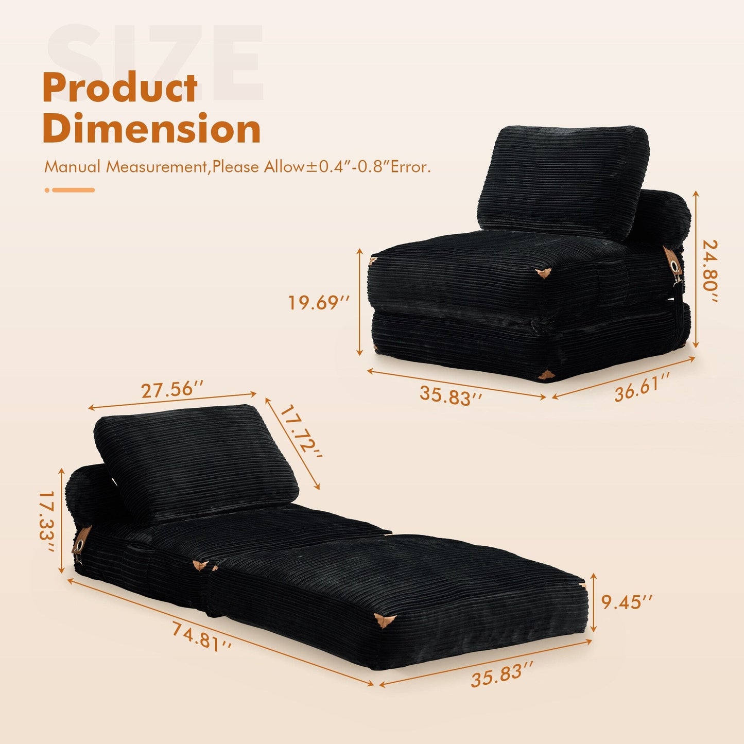 HOOOWOOO Modern Corduroy Fabric Folding Sofa Couch