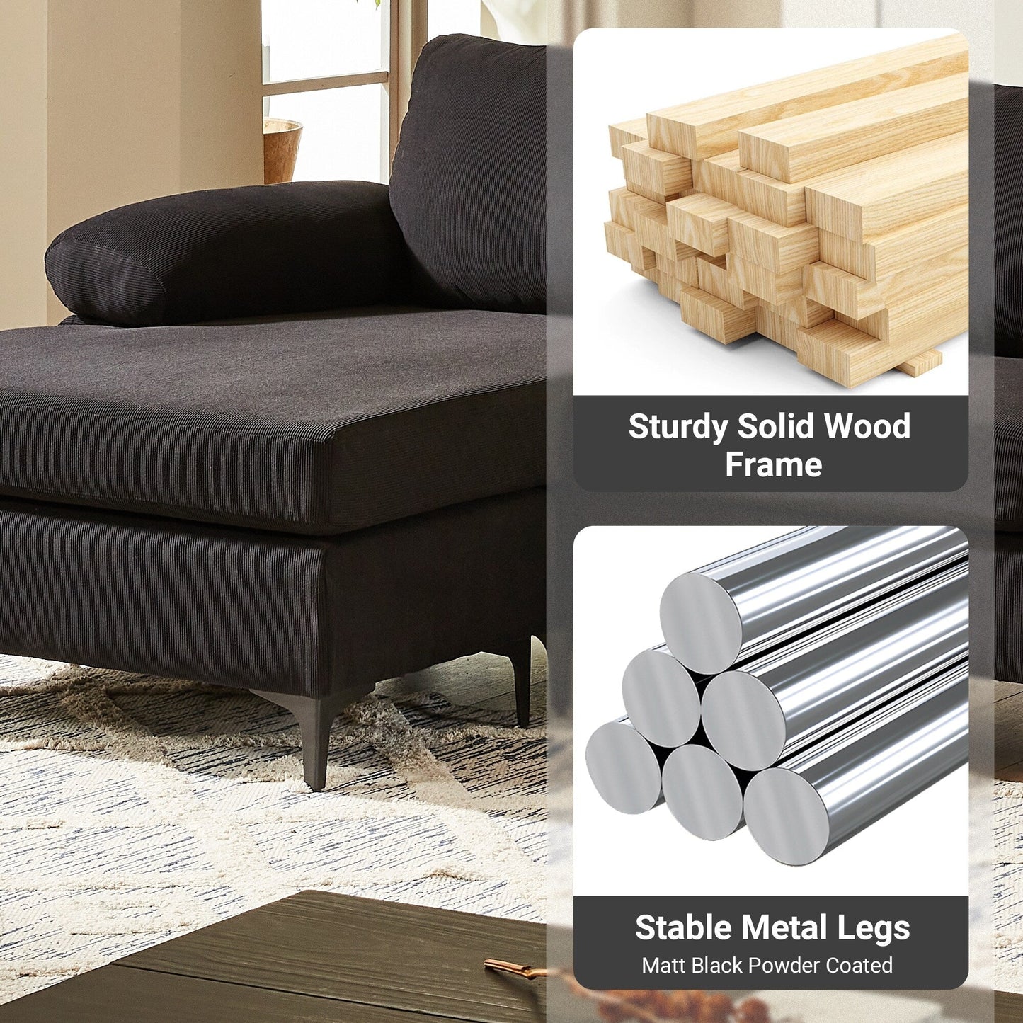 HOOOWOOO Modern Polyester Convertible Chaise Sofa with Metal Legs for Living Room