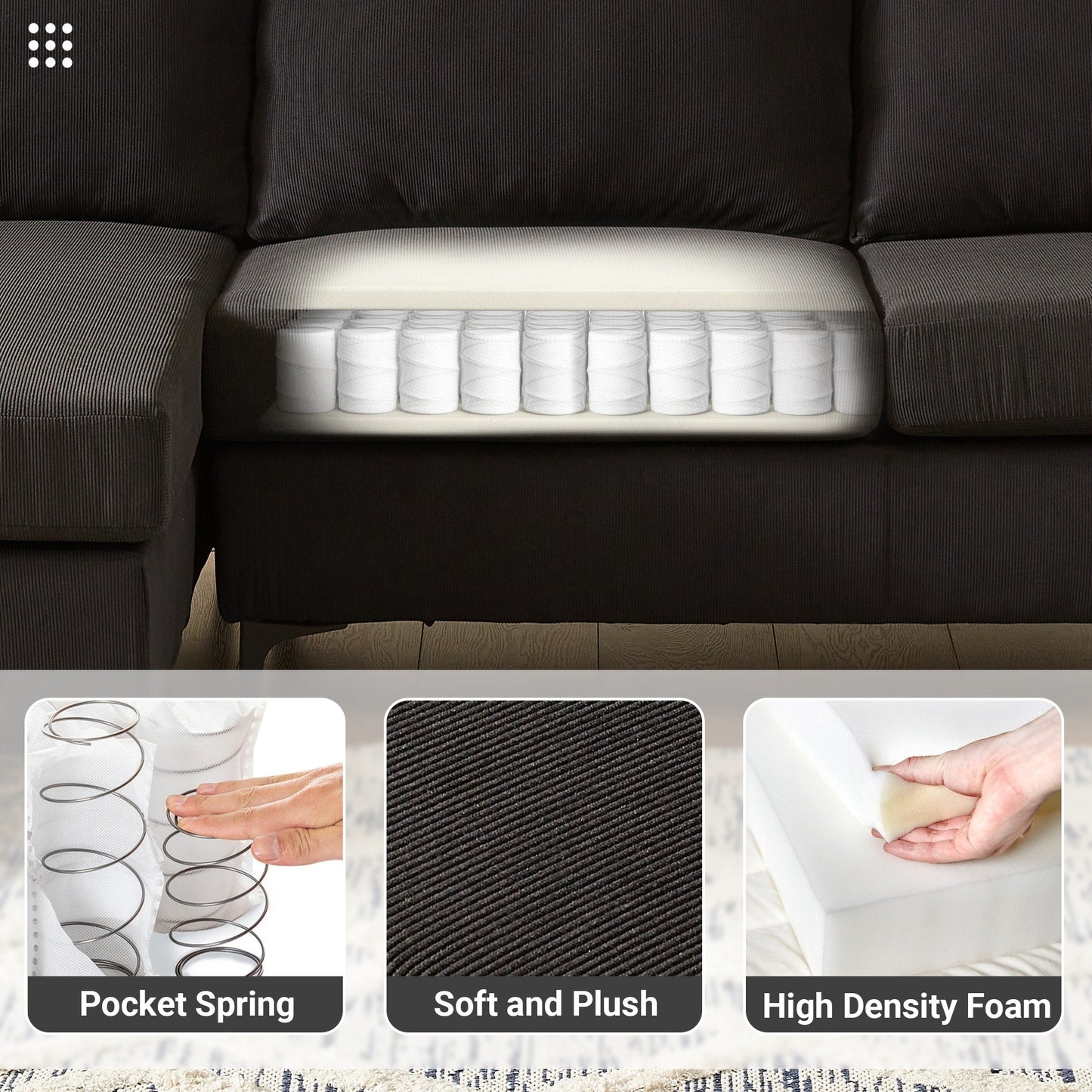HOOOWOOO Modern Polyester Convertible Chaise Sofa with Metal Legs for Living Room