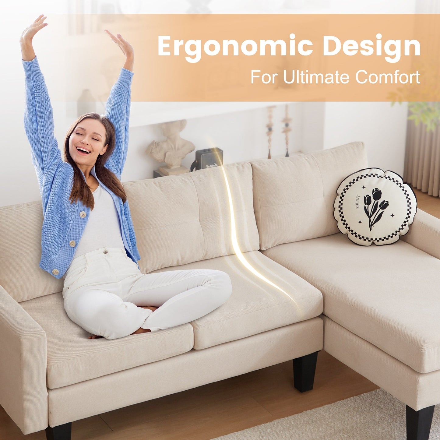 HOOOWOOO Modern L-shaped Corduroy Fabric Chaise Sofa