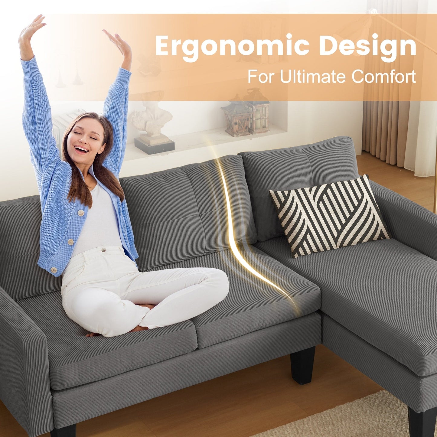 HOOOWOOO Modern L-shaped Corduroy Fabric Chaise Sofa