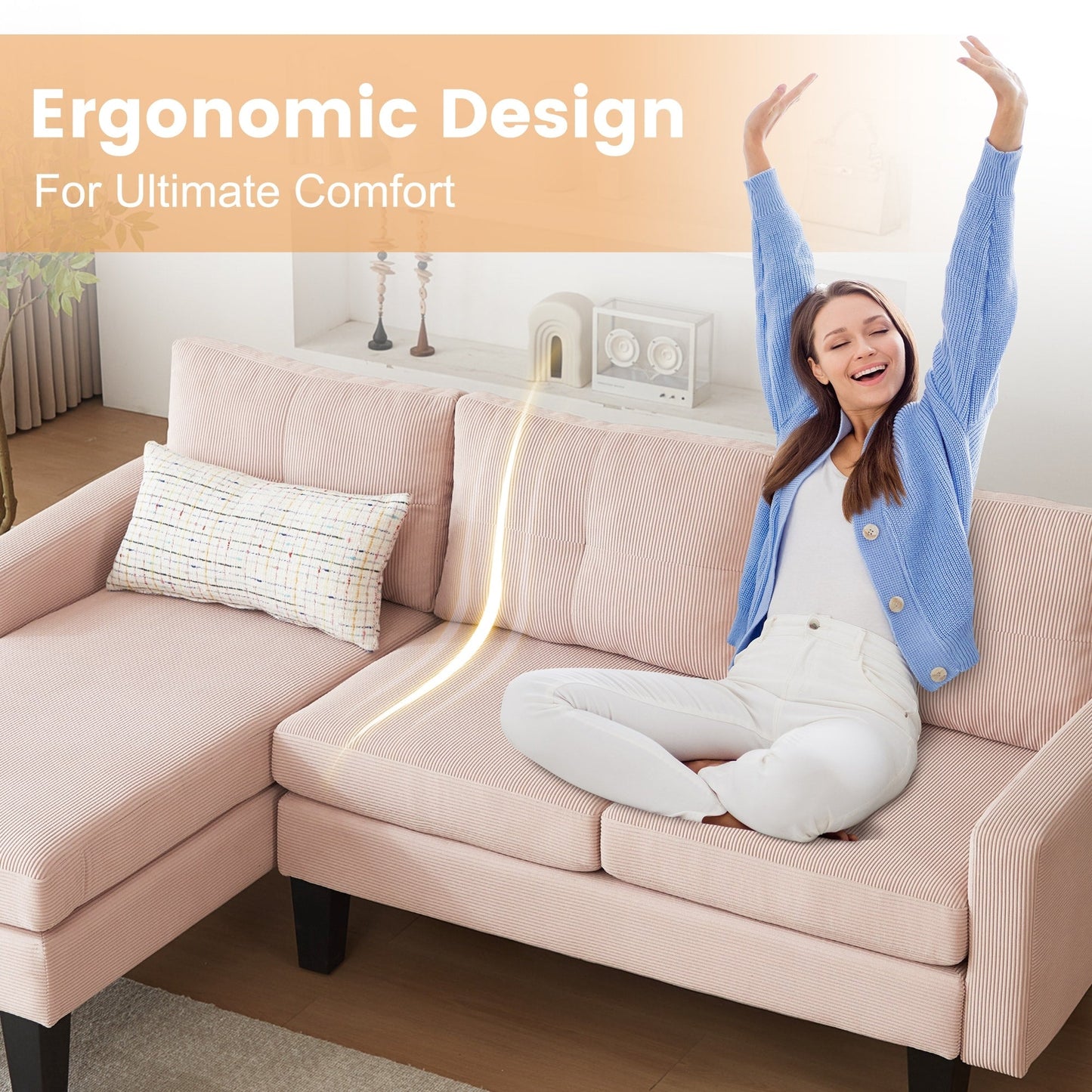HOOOWOOO Modern L-shaped Corduroy Fabric Chaise Sofa