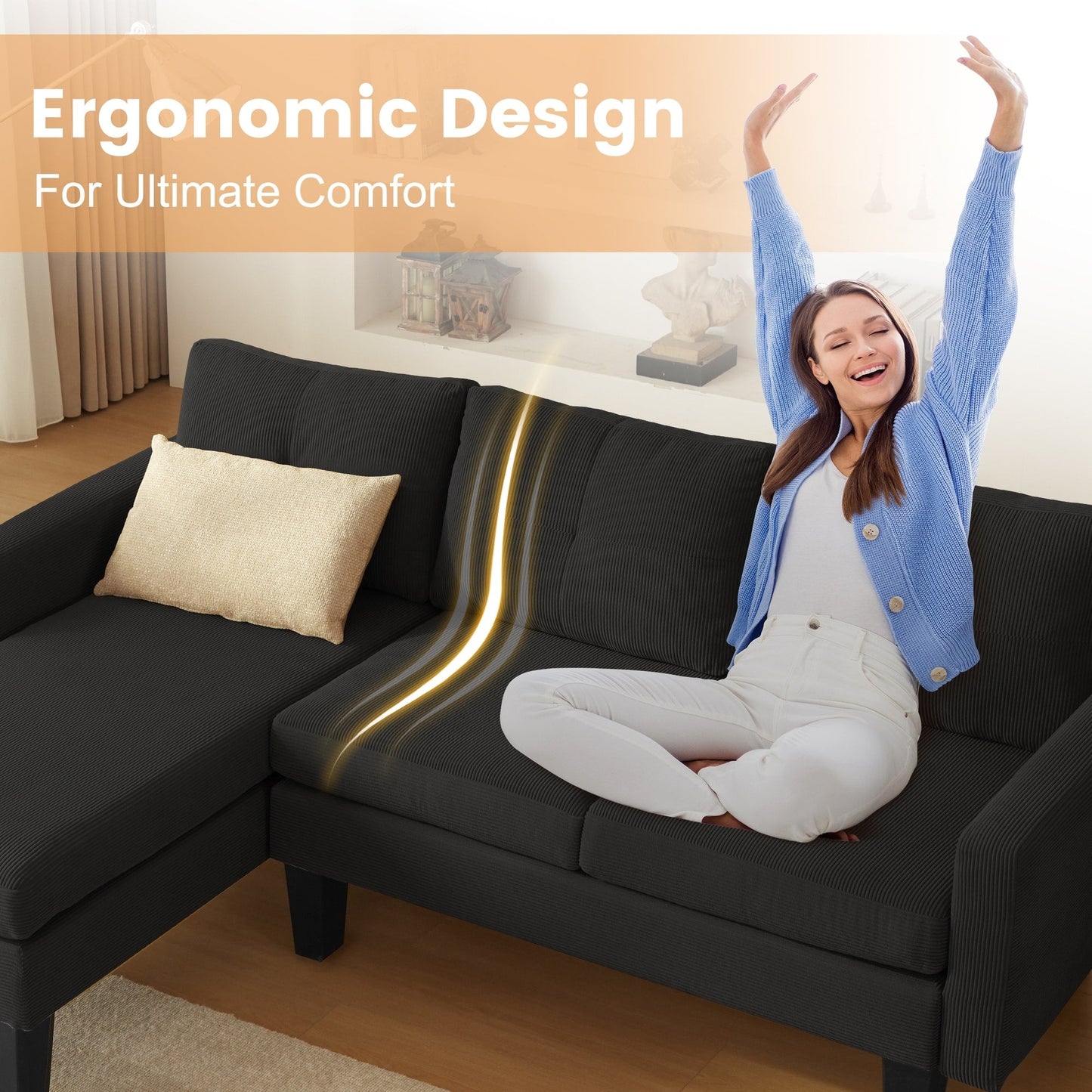 HOOOWOOO Modern L-shaped Corduroy Fabric Chaise Sofa