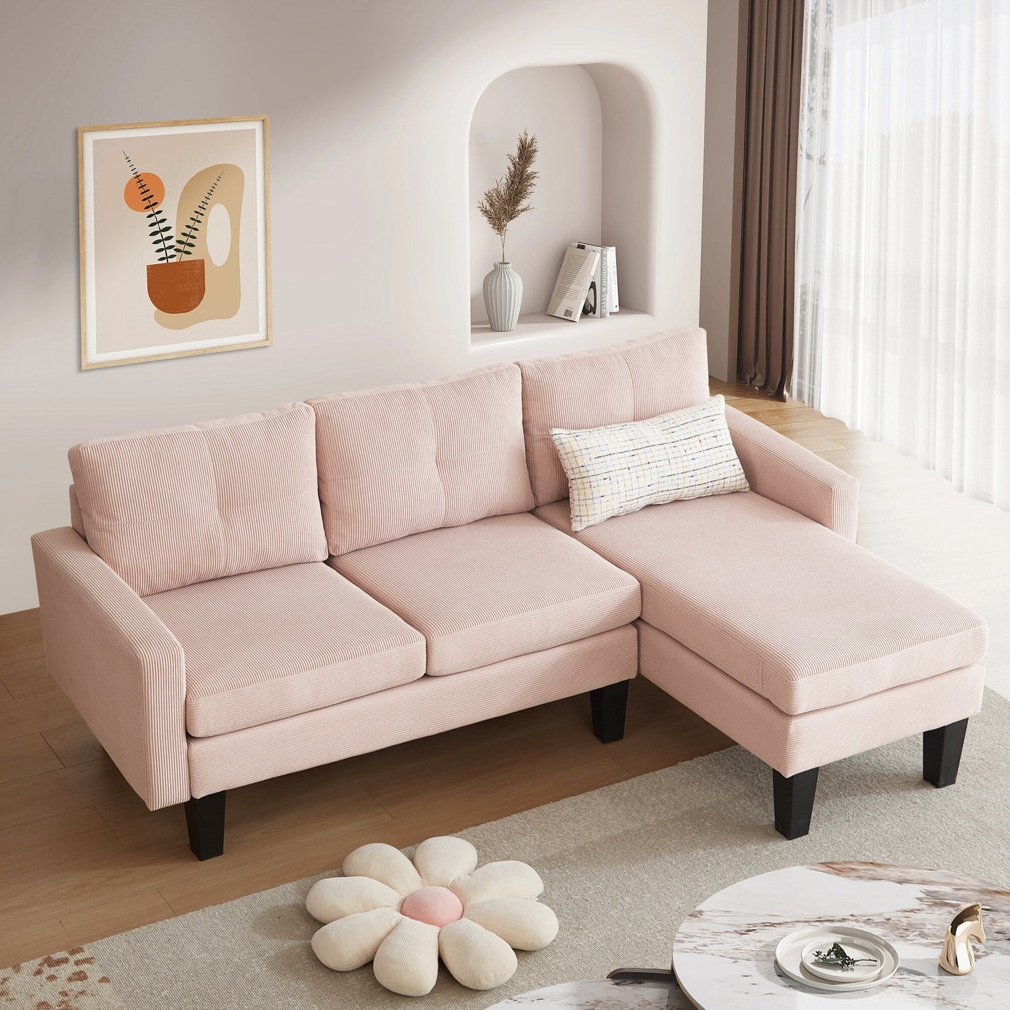 HOOOWOOO Modern L-shaped Corduroy Fabric Chaise Sofa