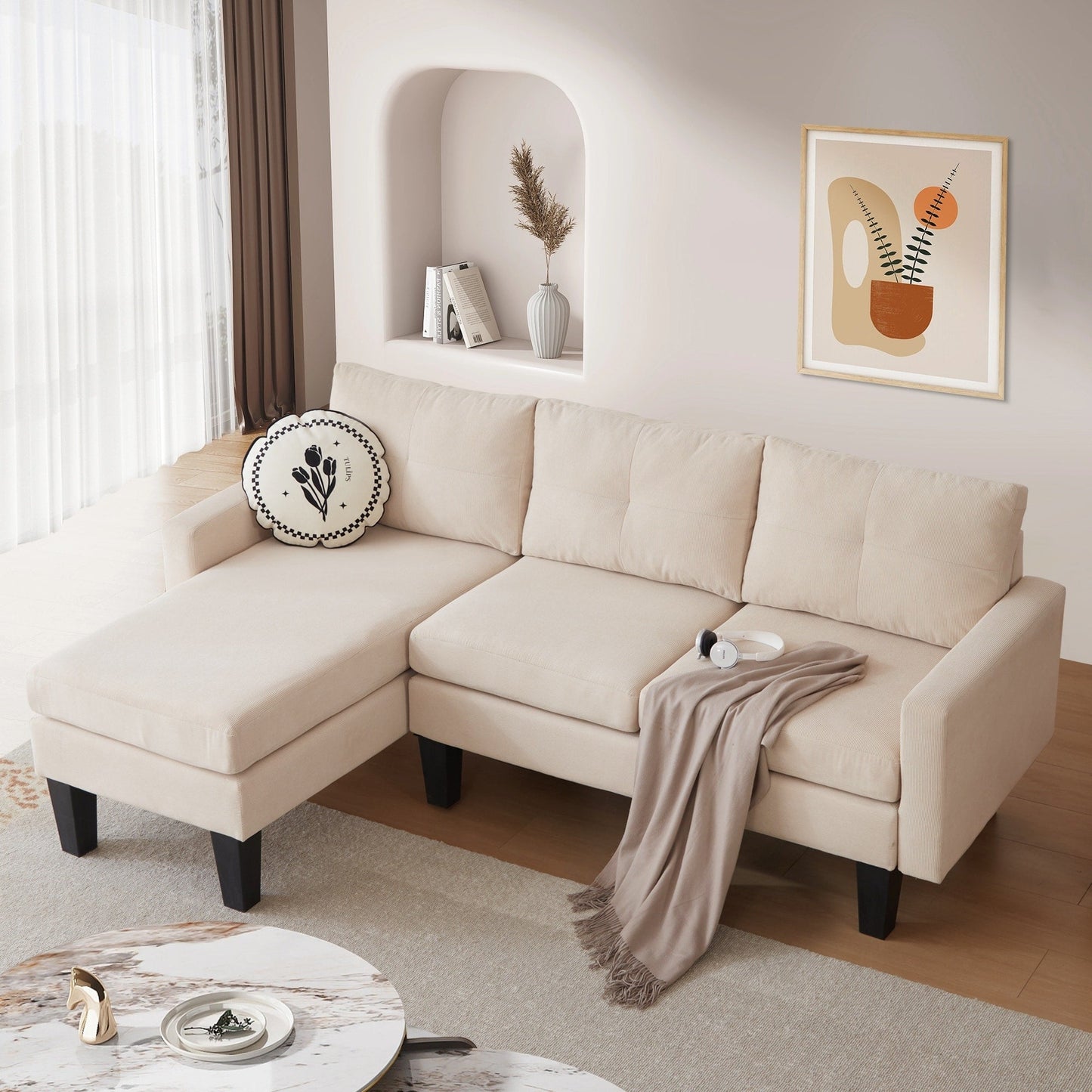 HOOOWOOO Modern L-shaped Corduroy Fabric Chaise Sofa