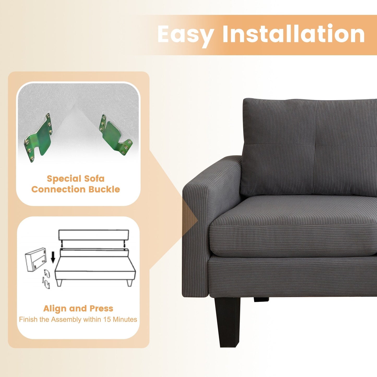 HOOOWOOO Modern L-shaped Corduroy Fabric Chaise Sofa