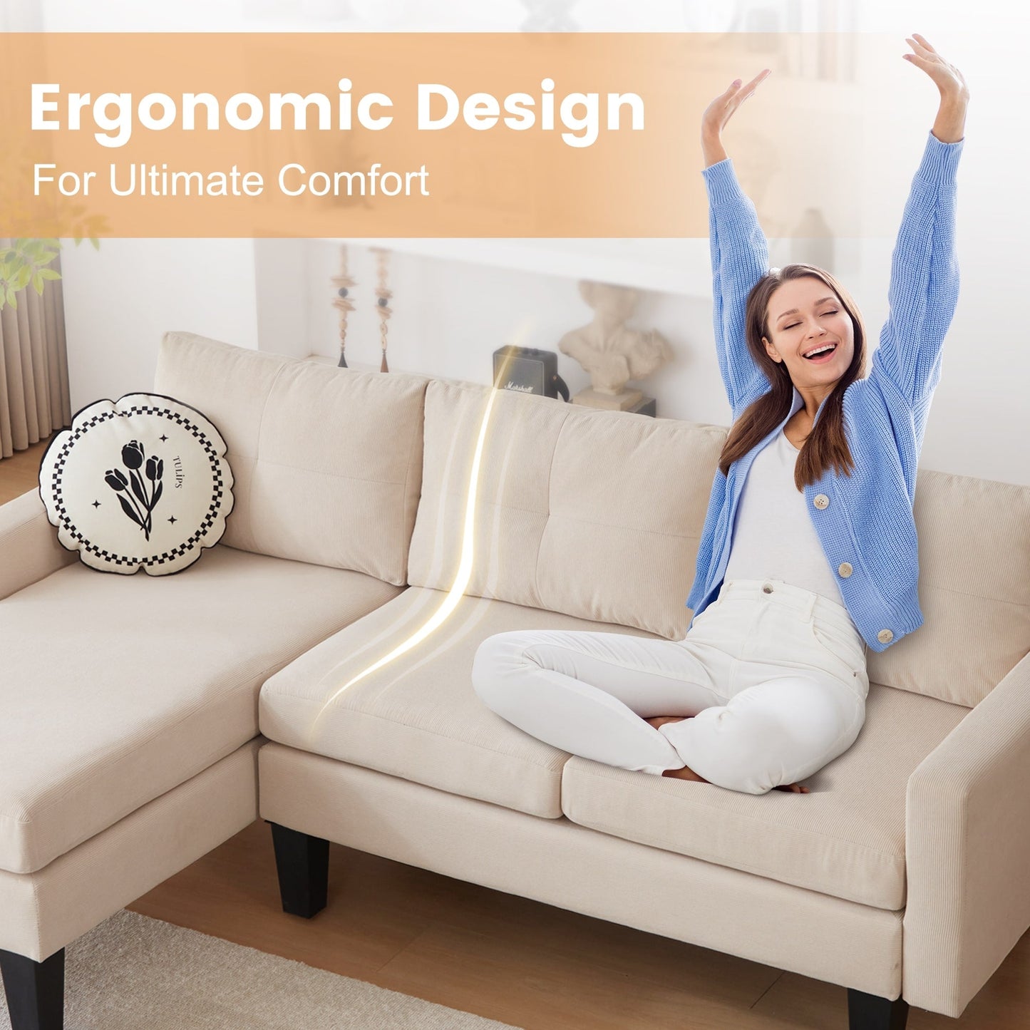 HOOOWOOO Modern L-shaped Corduroy Fabric Chaise Sofa